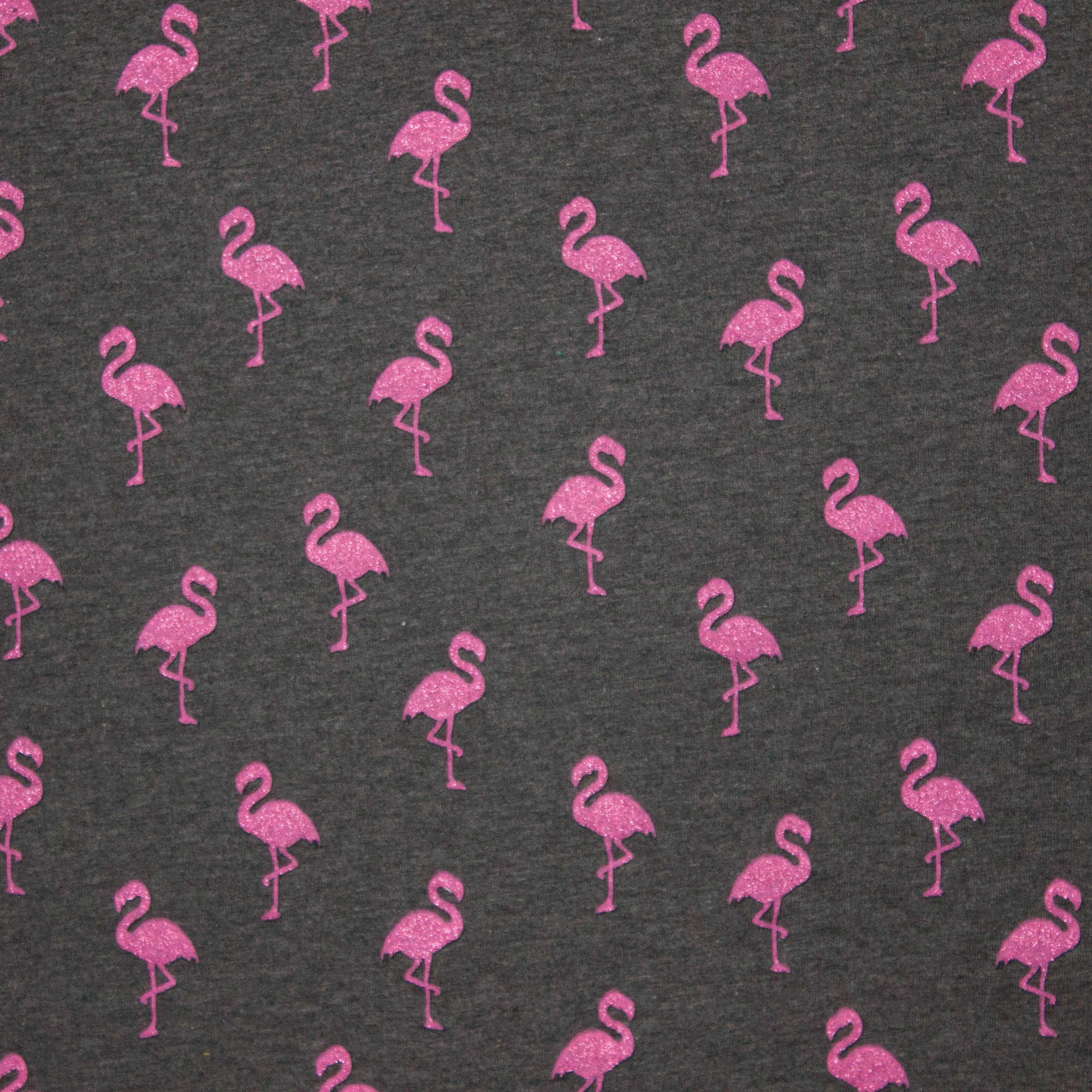 Lichte french terry in donker griijs met roze glitterflamingo