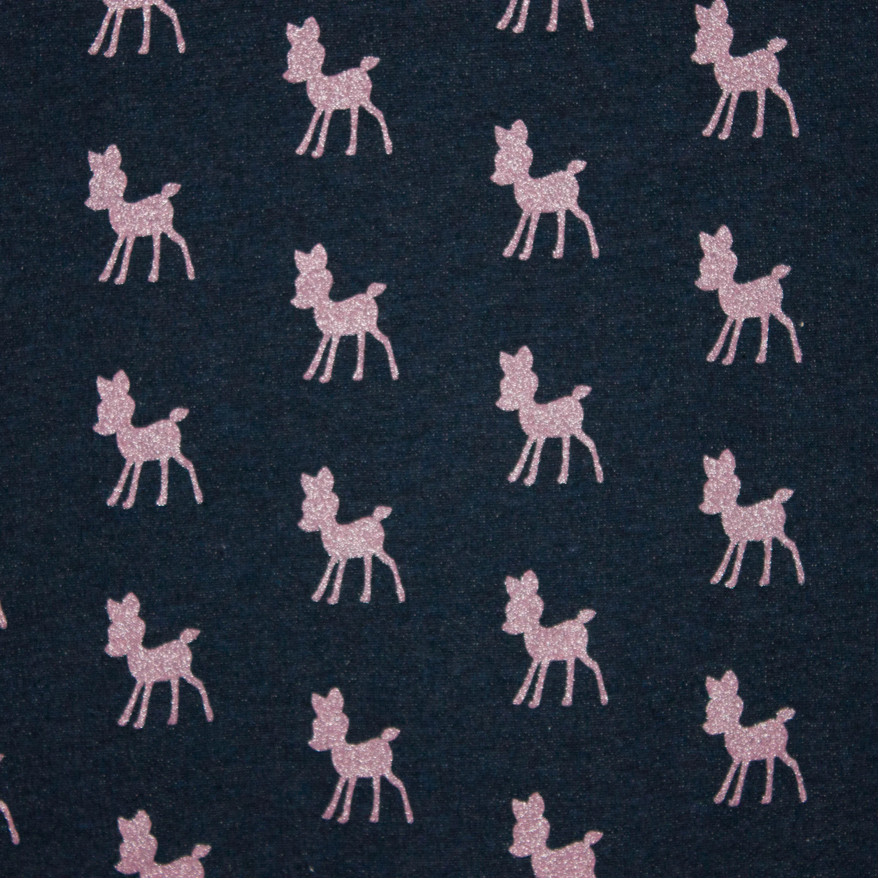French Terry blushed in donkerblauw met glinsterend roze hertjes