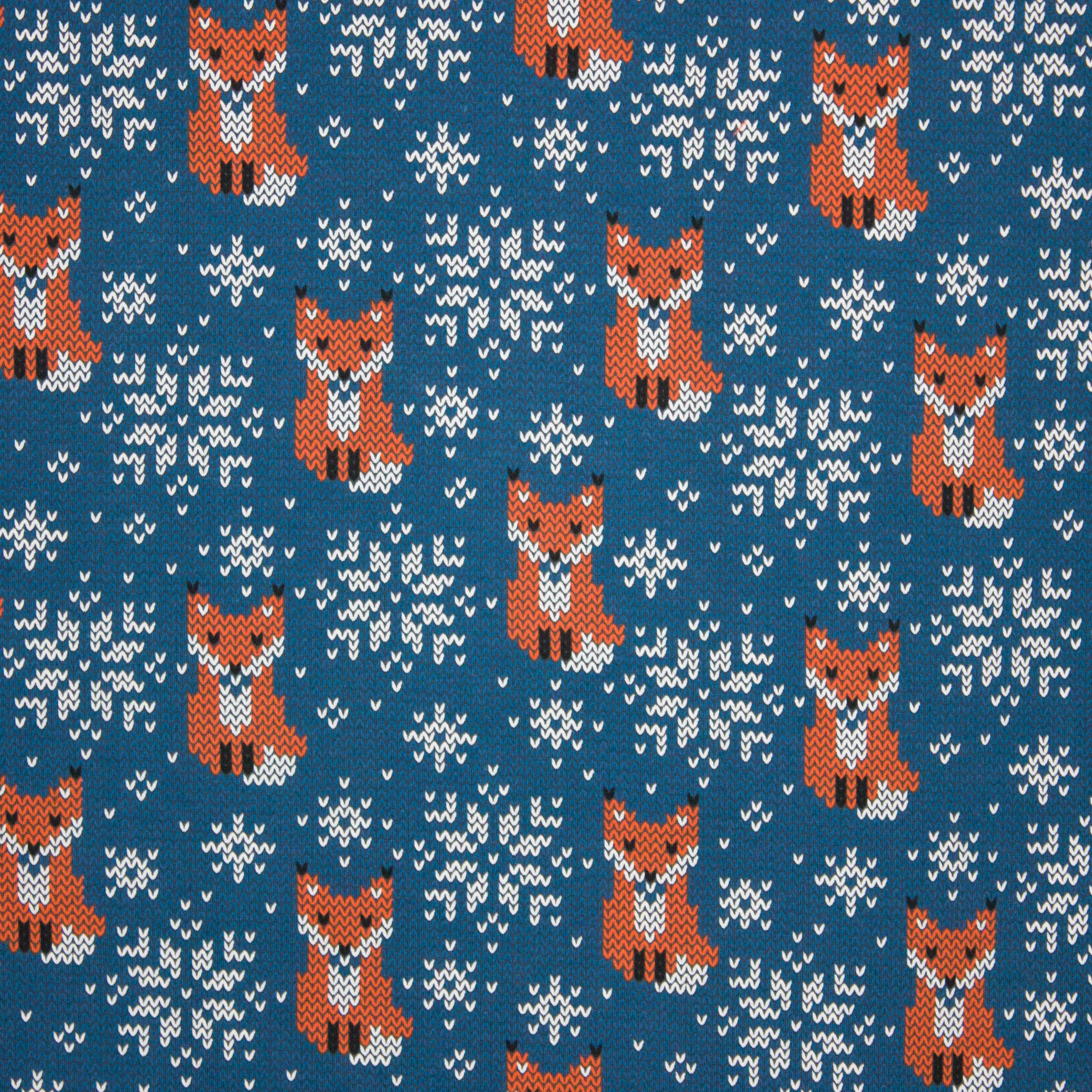 blauwe tricot met vosjes en sneeuwkristallen gevormed met v motiefjes