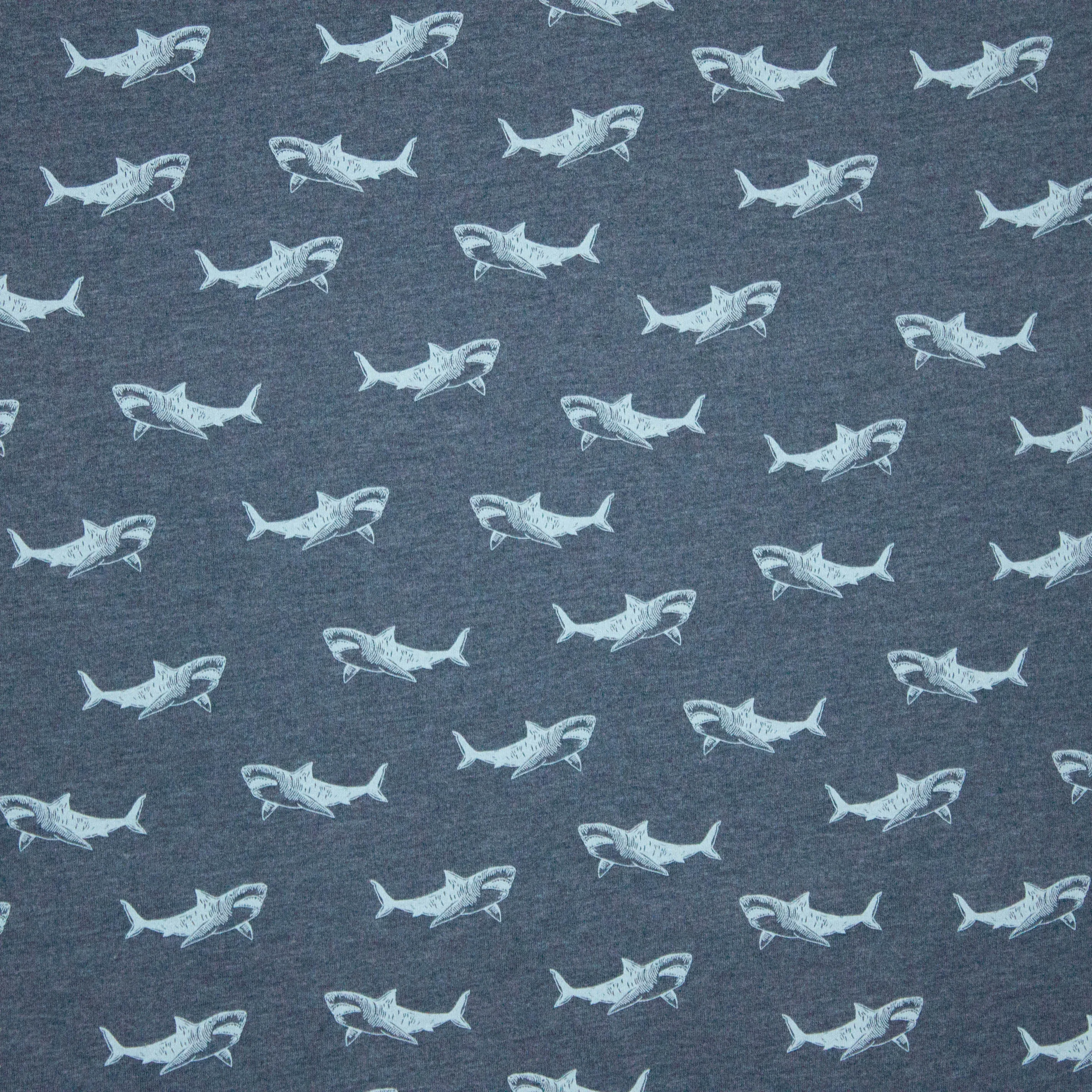Donkerblauwe sweaterstof met gebrushte  achterkant, met haaien