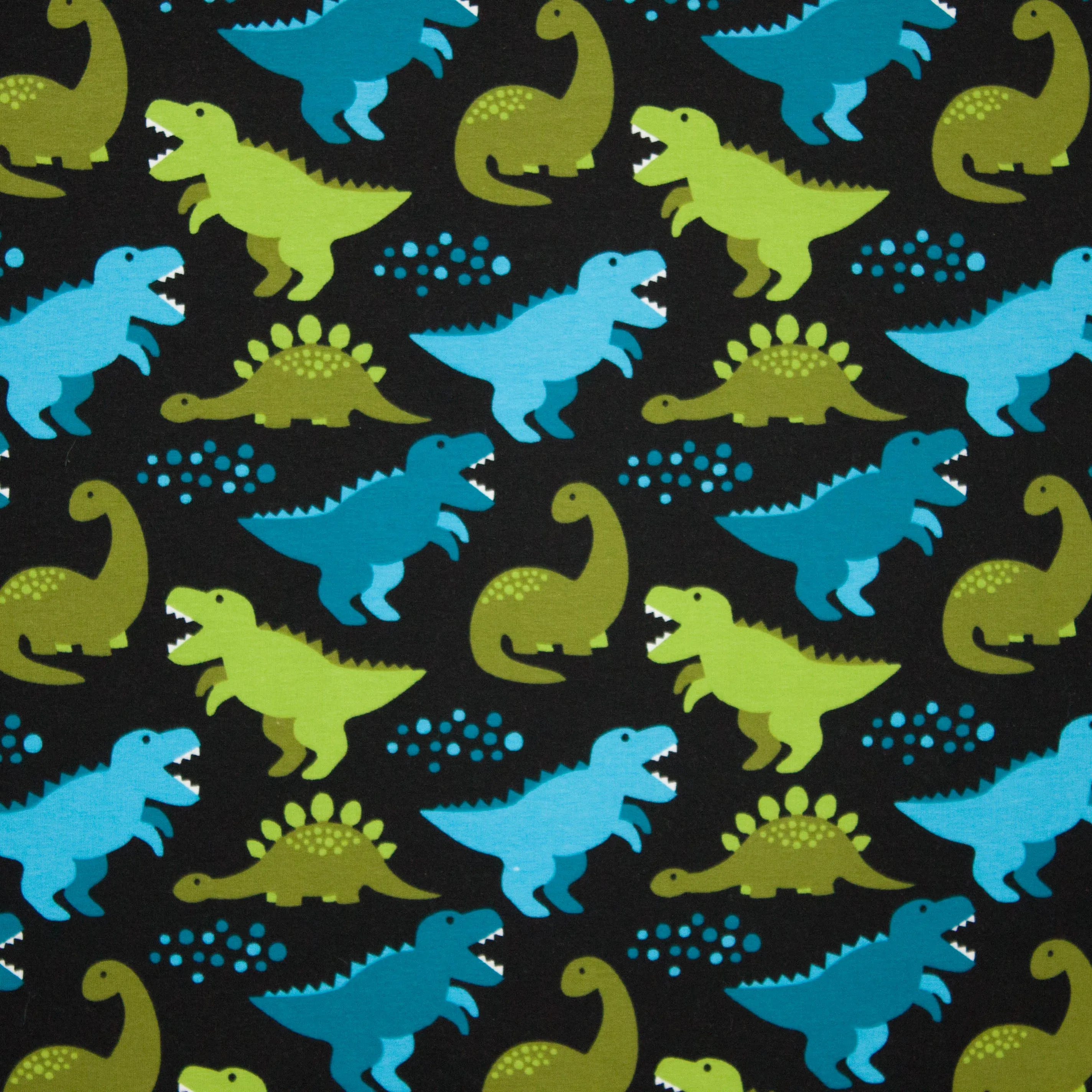 Zwarte sweaterstof met gebrushte achterzijde, motief van dino's (limoengroen en turquoise)