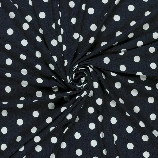 Viscosetricot donkerblauw met polka dots