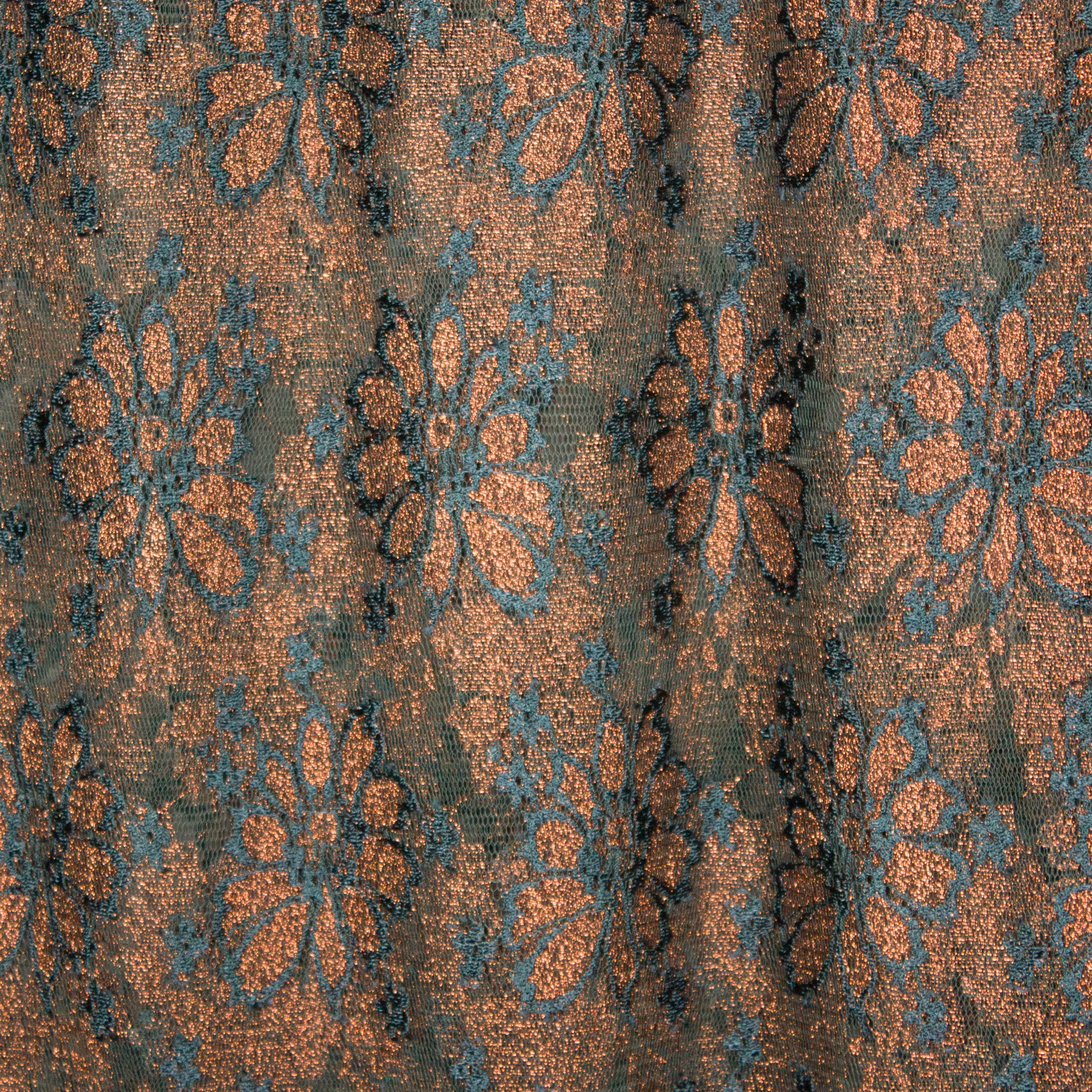 Stretch kant met bloemenmotief in glitterbrons en donkerblauw