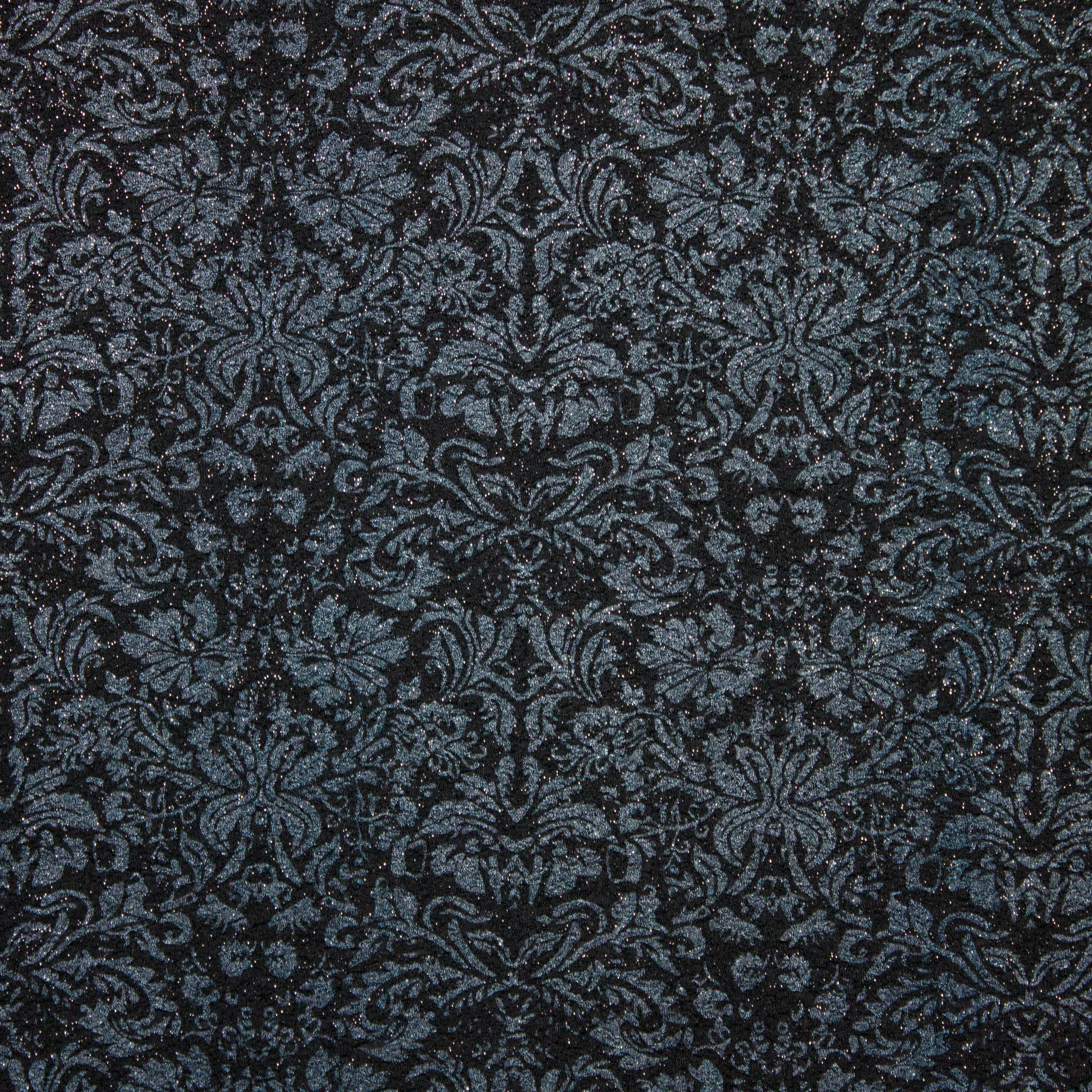Zwarte stetchstof met blauw/grijze tekening