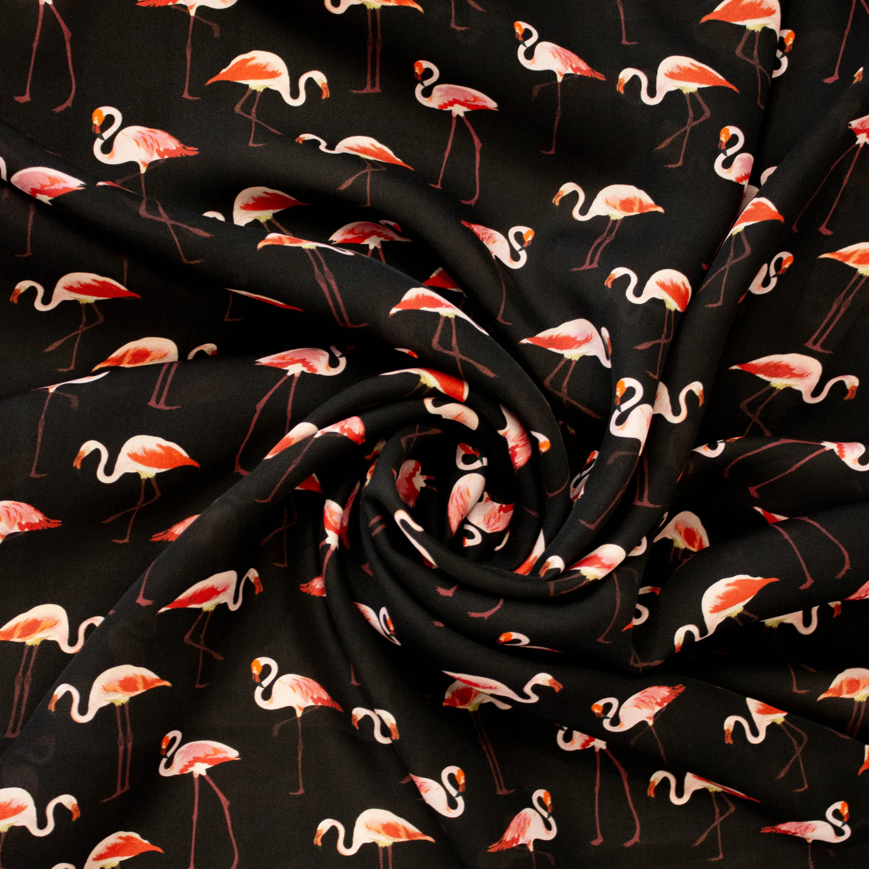 Zijde voile zwart met flamingo's - Lorré