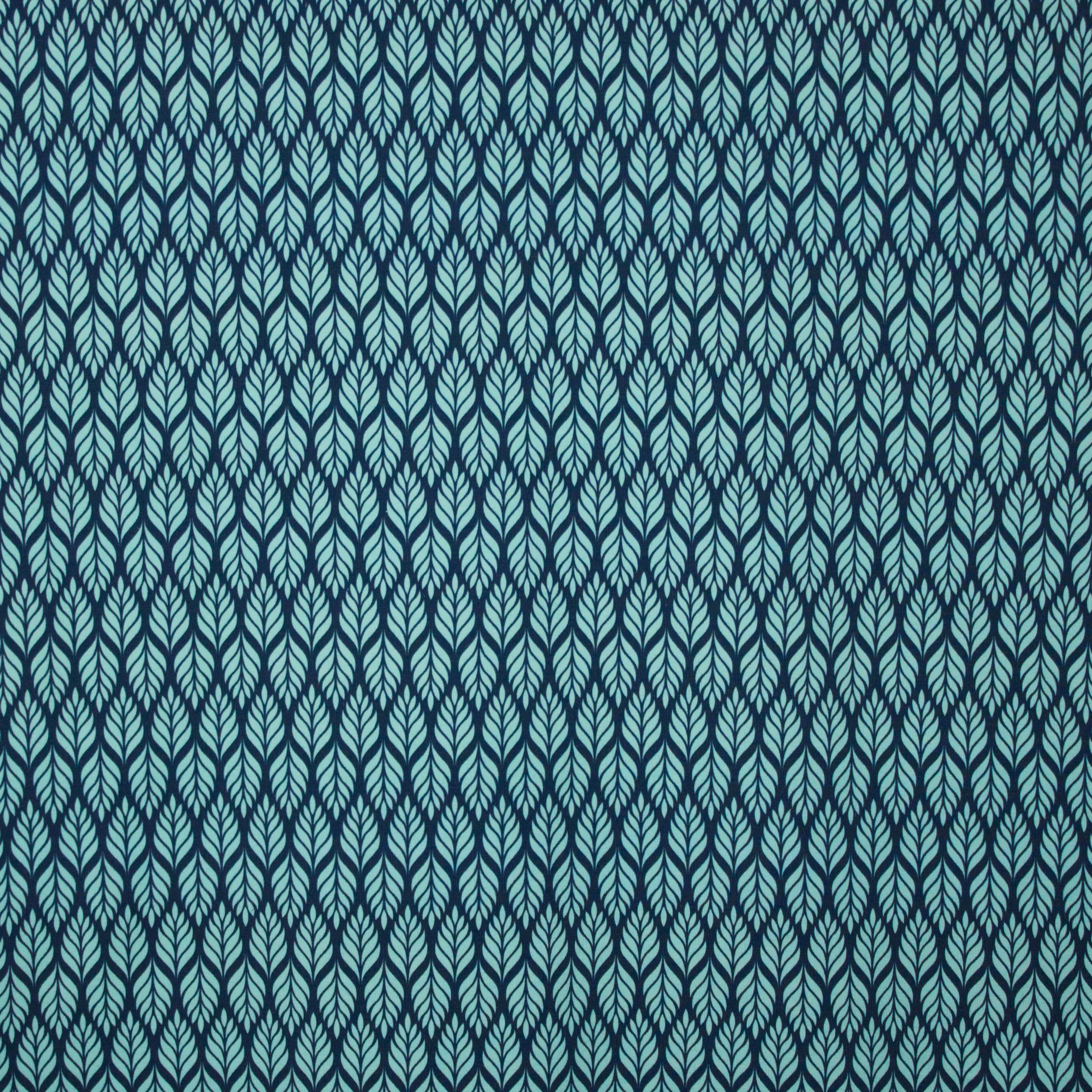 French terry met blauw en turqoise blaadjesmotief   'Winter Blossom' van Lycklig Design