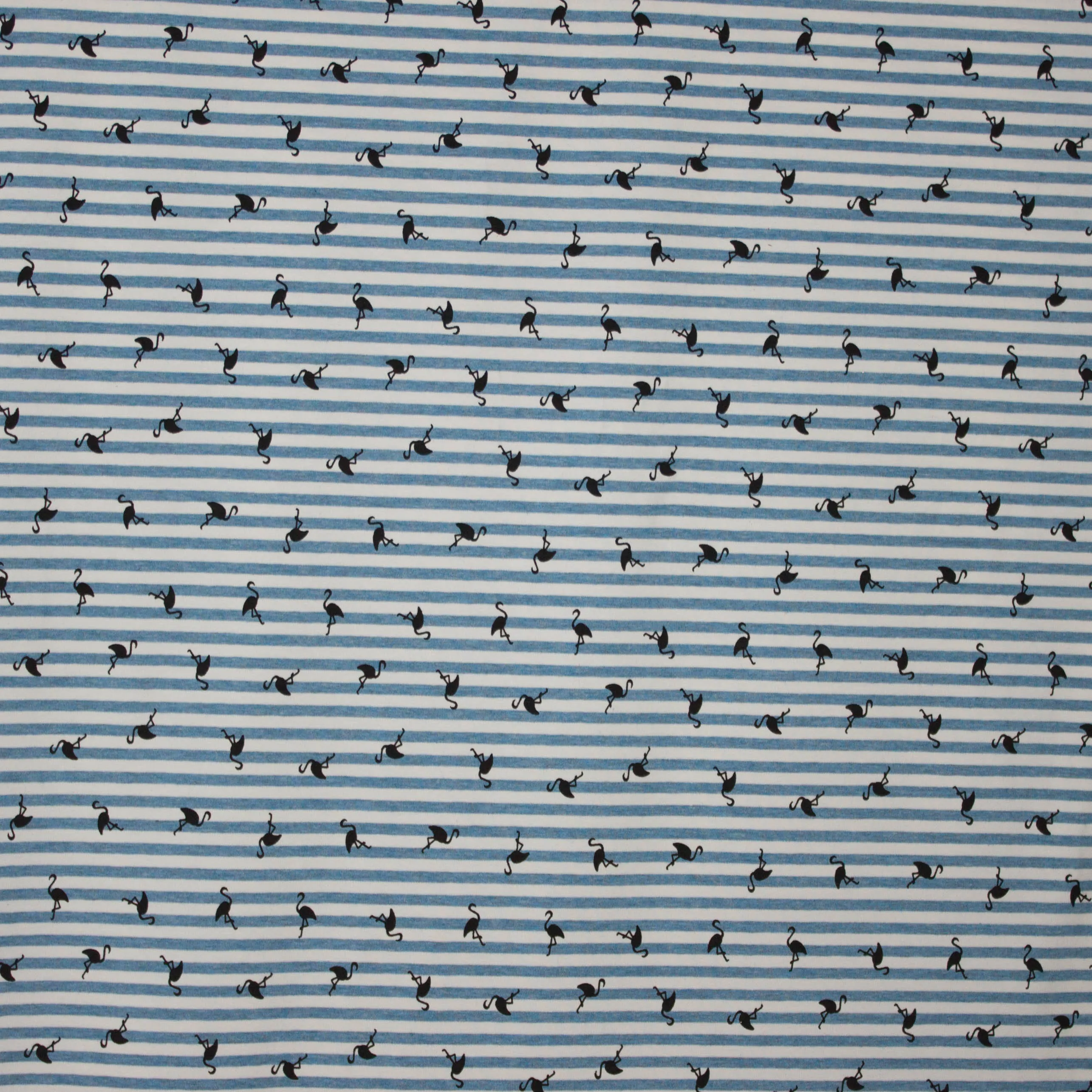 Gestreepte tricot in wit en blauw met flamingo's