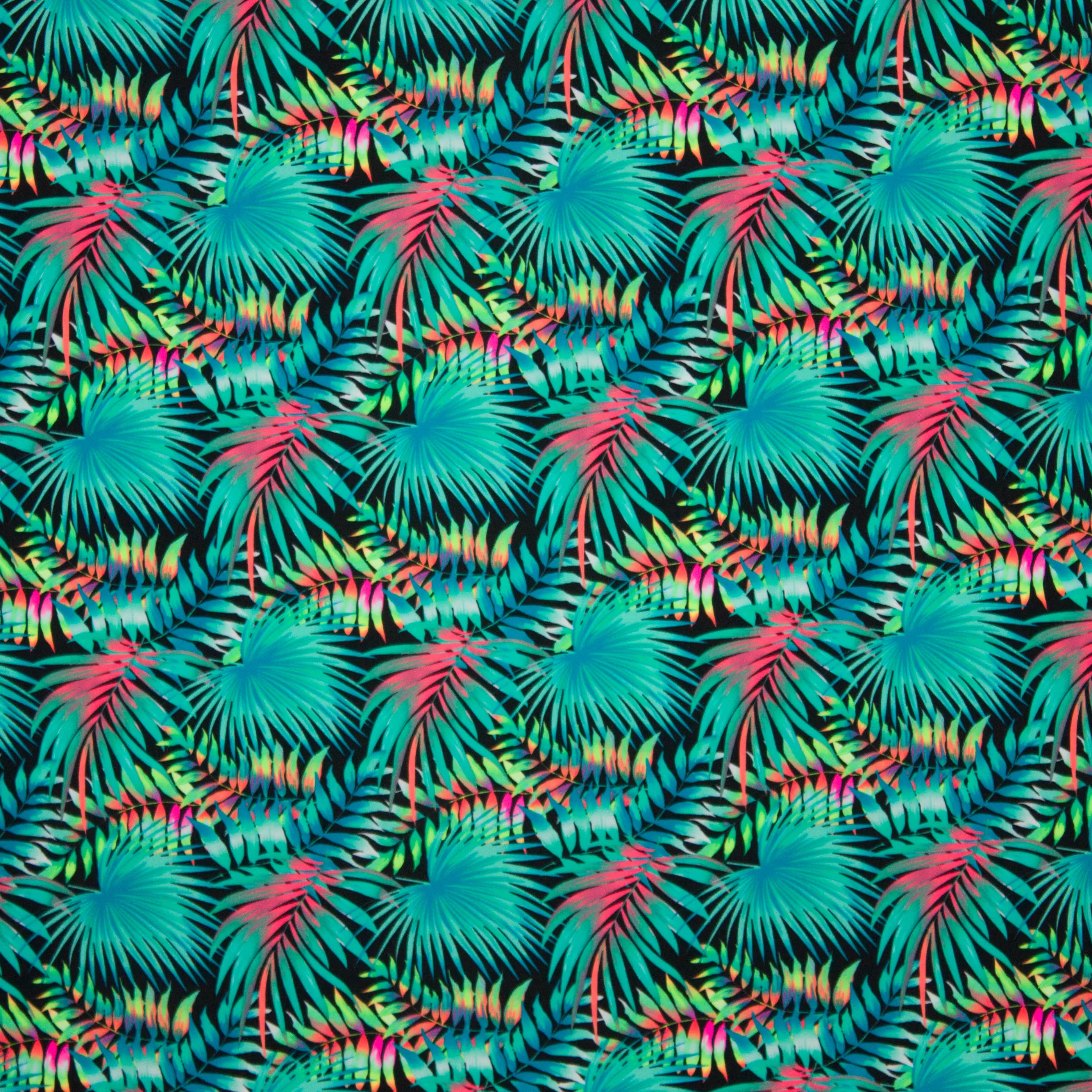 Badpakkenstof met dessin van tropische planten in neonkleuren