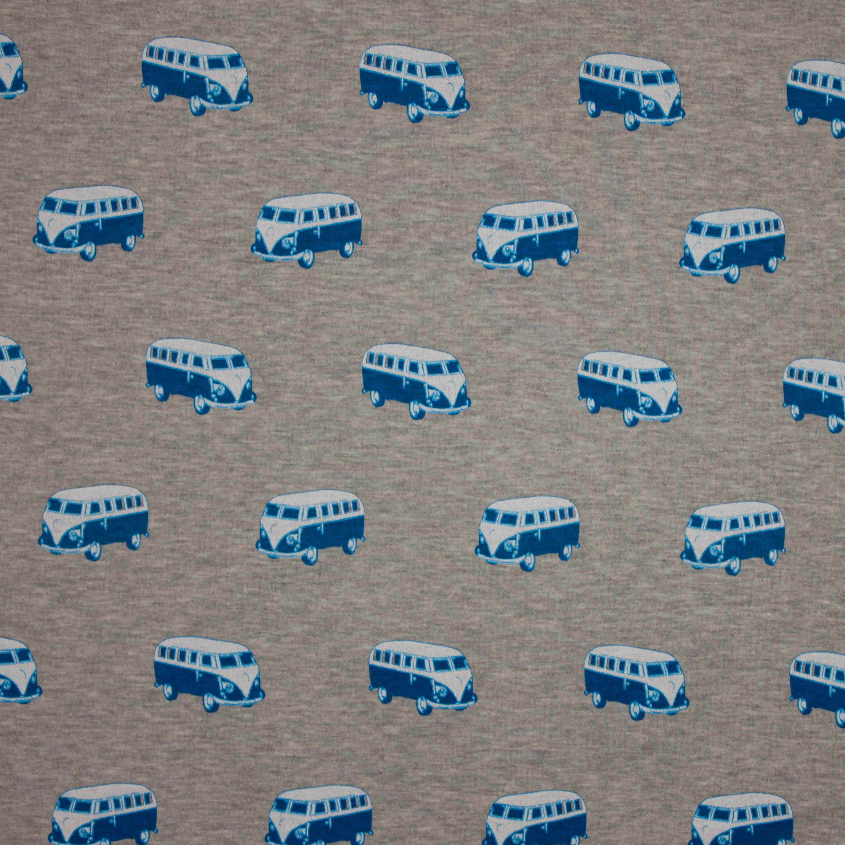 Lichtgrijze gemeleerde sweaterstof met VW bus motief
