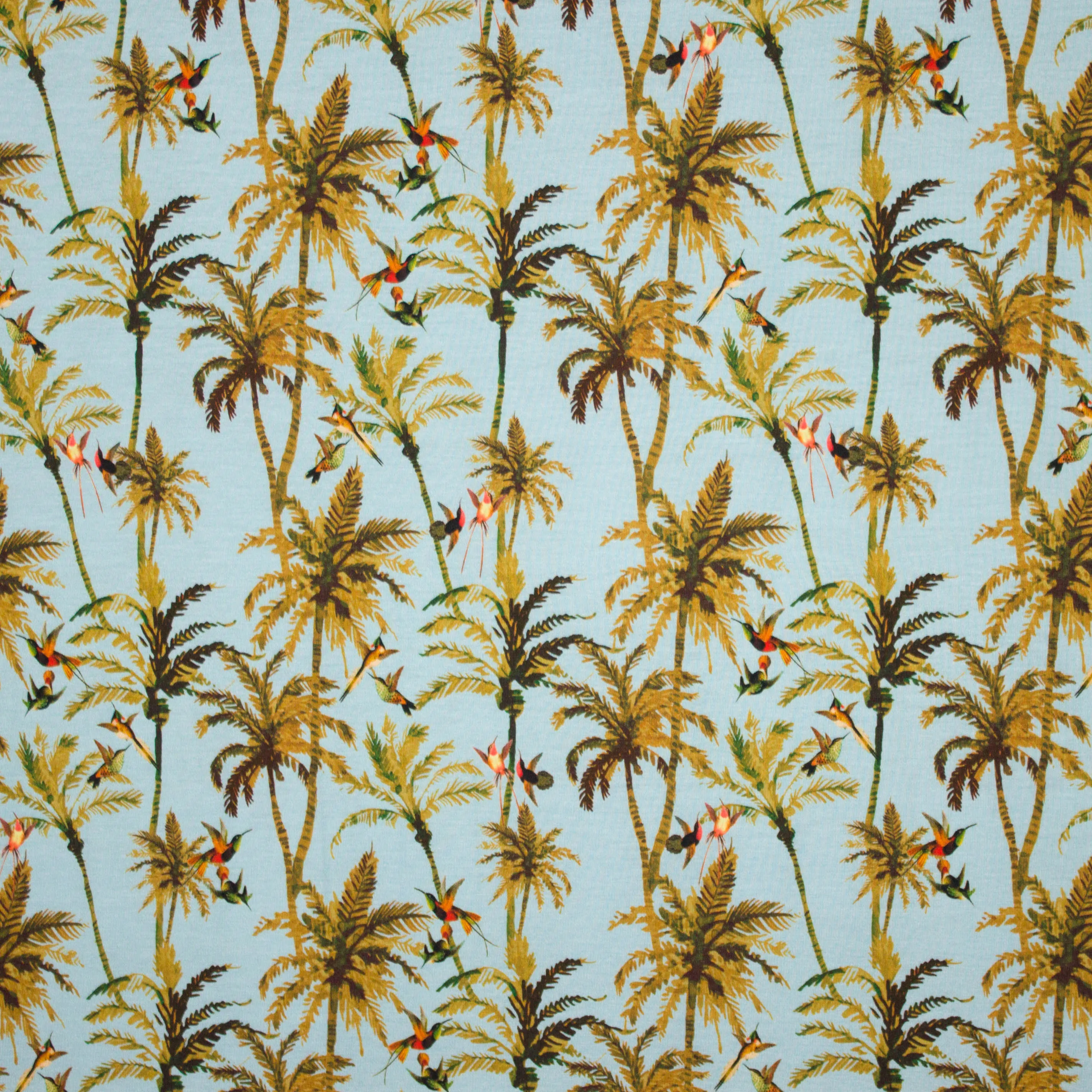 Lichtblauwe tricot met palmbomen en colibri's