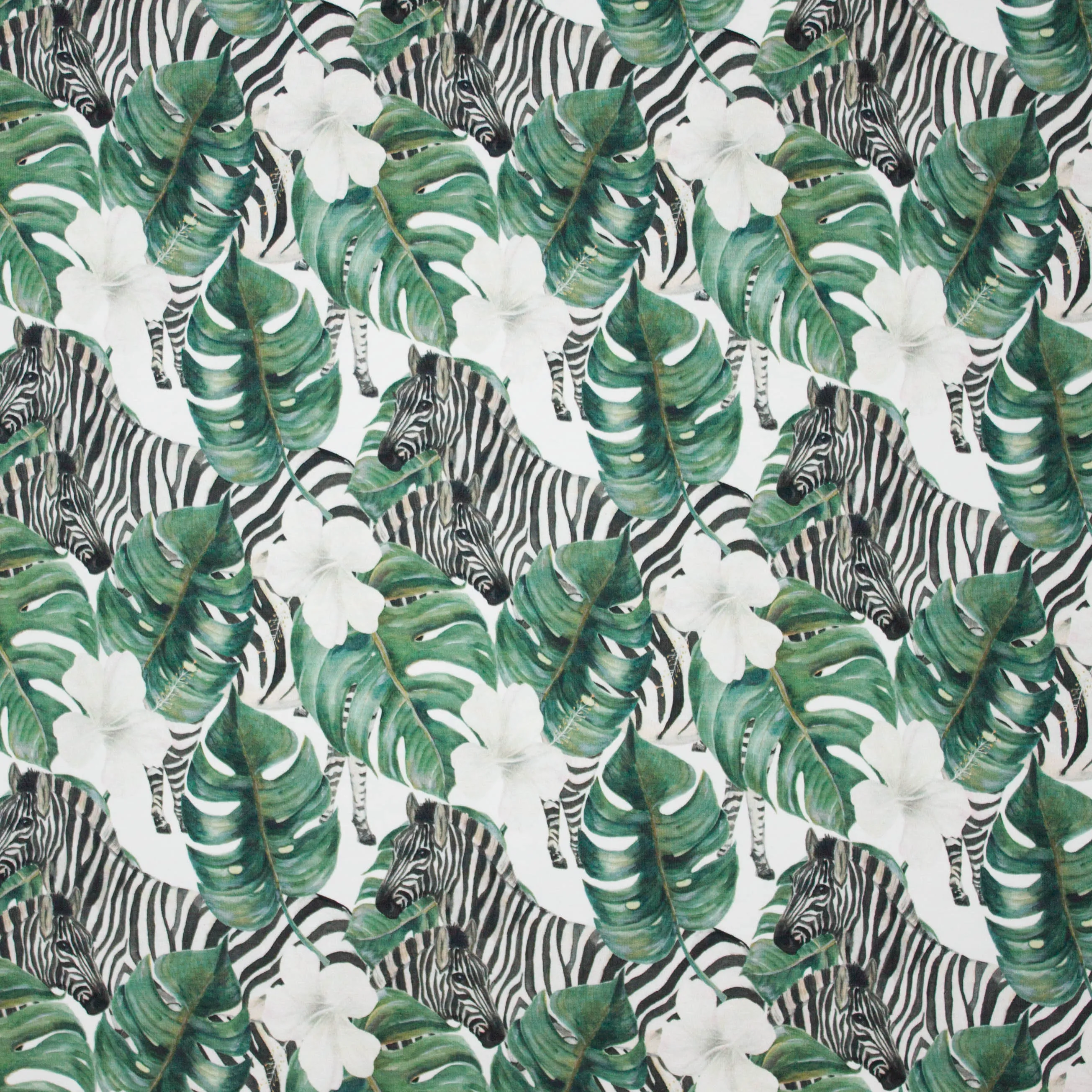 Tricot met groene tropische bladeren en zebra's