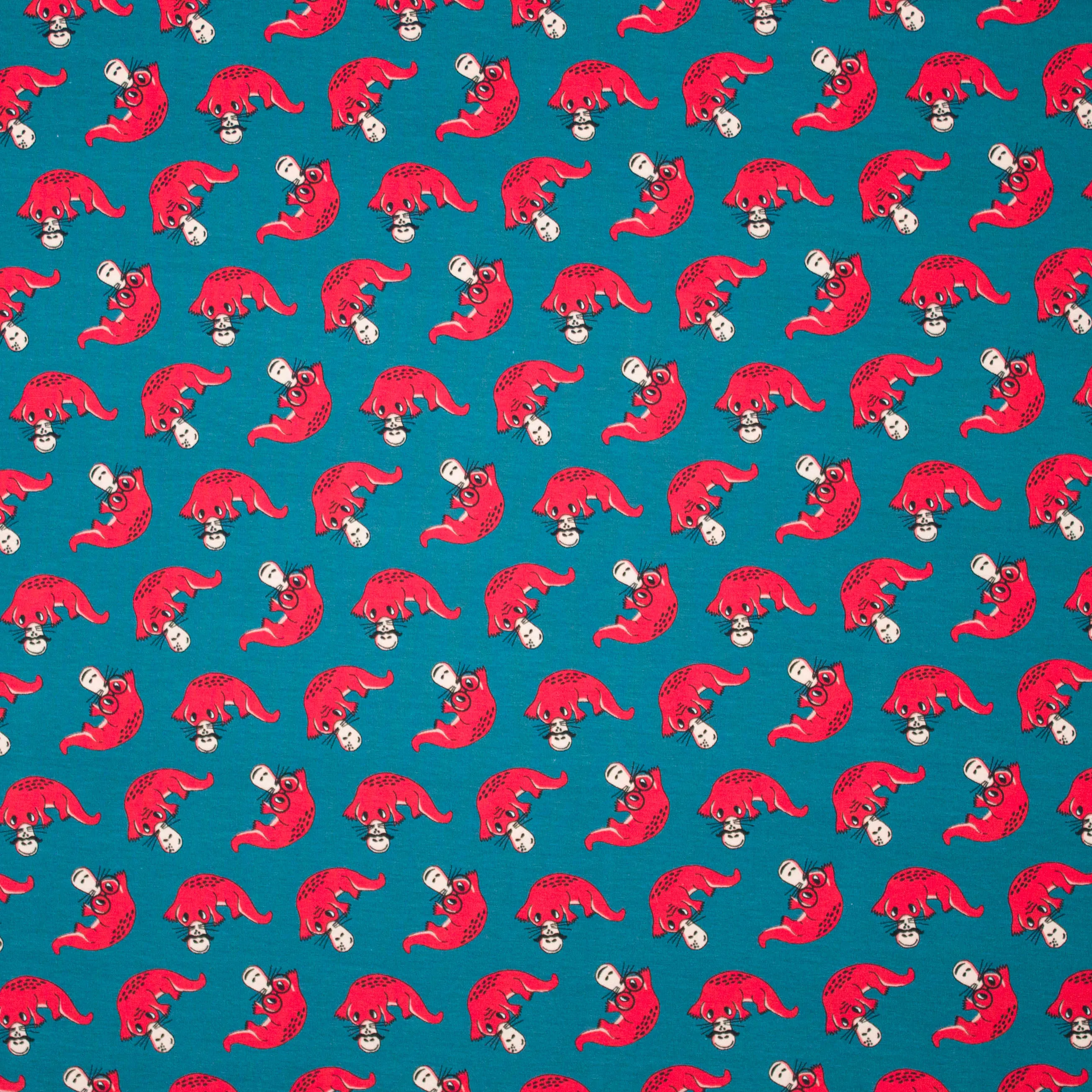 Petrol tricot met rode vogelbekdieren