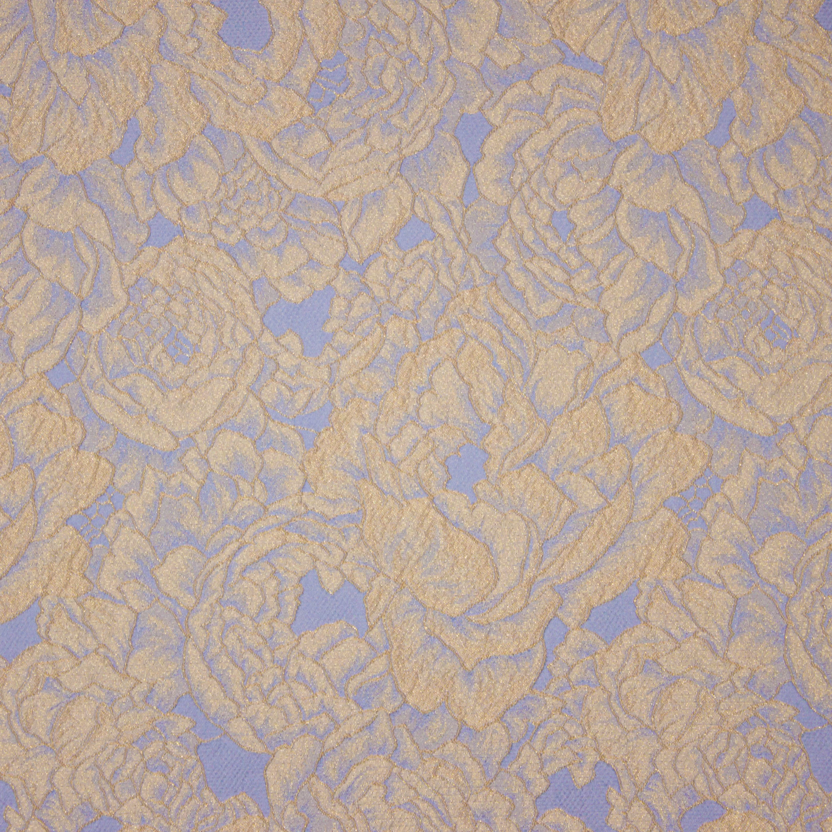 Italiaanse jacquard met bloemenmotief in beige en lichtblauw met gouden glitter
