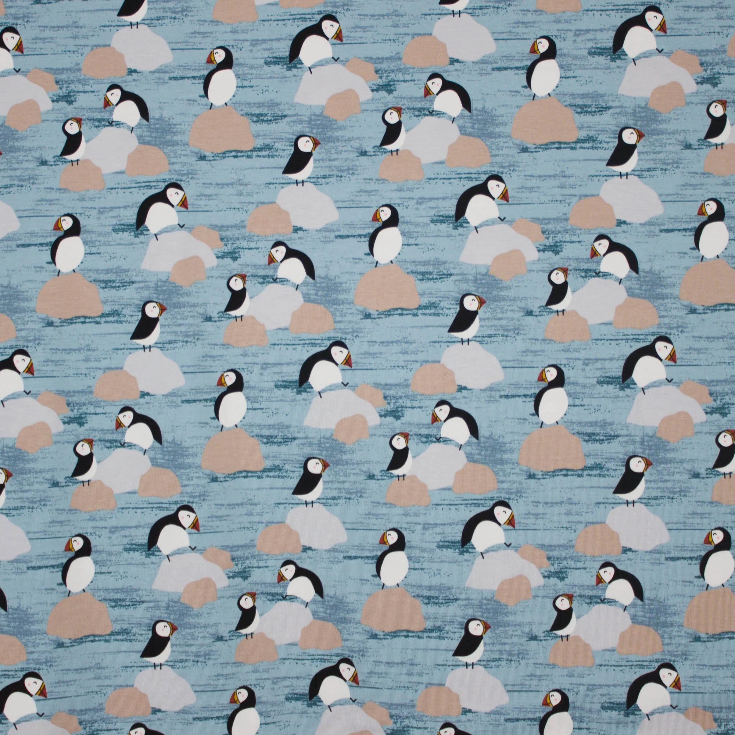 Blauwe tricot met papegaaiduikers motief