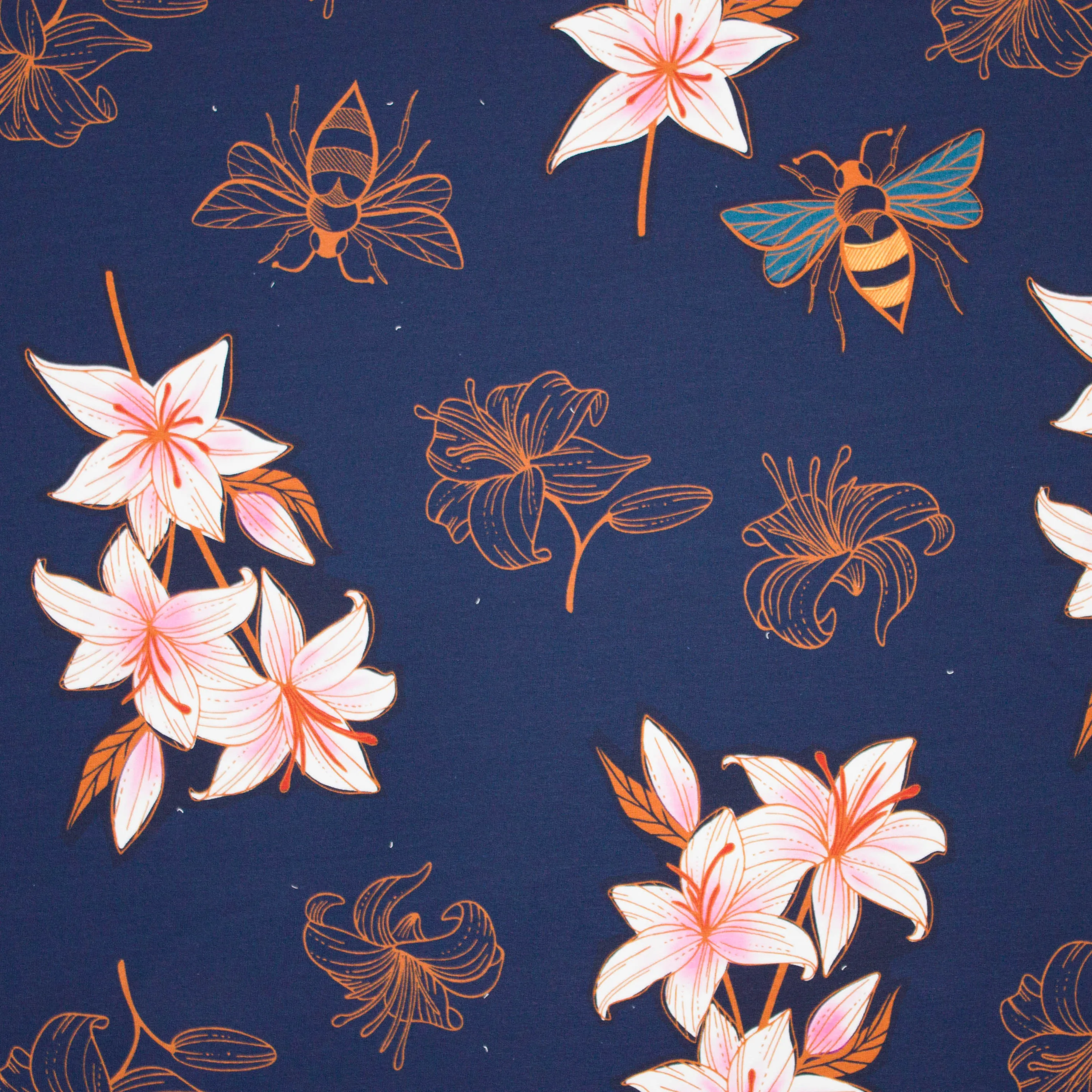 Blauwe french terry met bloemen en bijen motief van 'Hamburger Liebe'