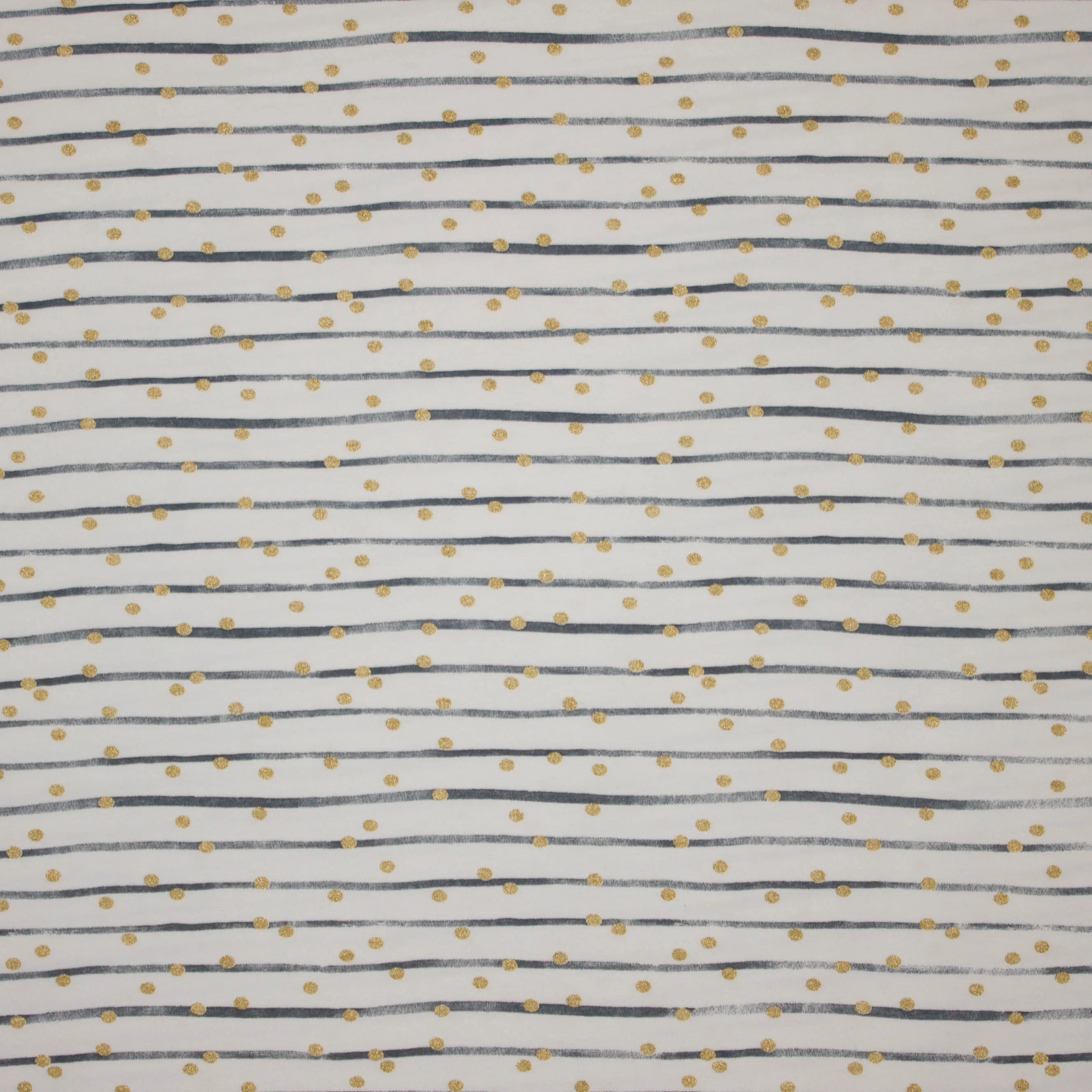 Witte katoenen tricot met blauwe strepen en gouden glitter bollen