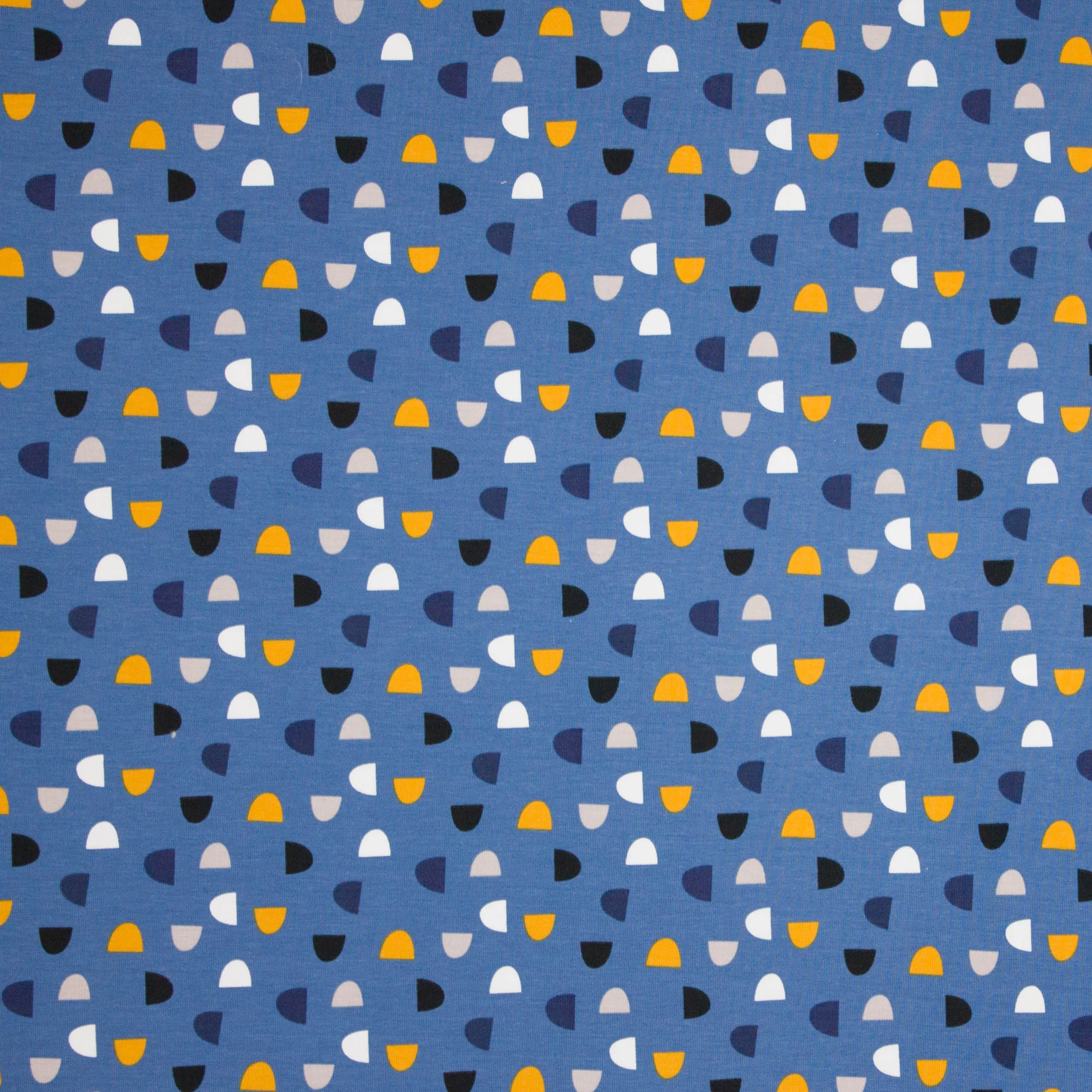 Blauwe tricot met motief van halve ovalen