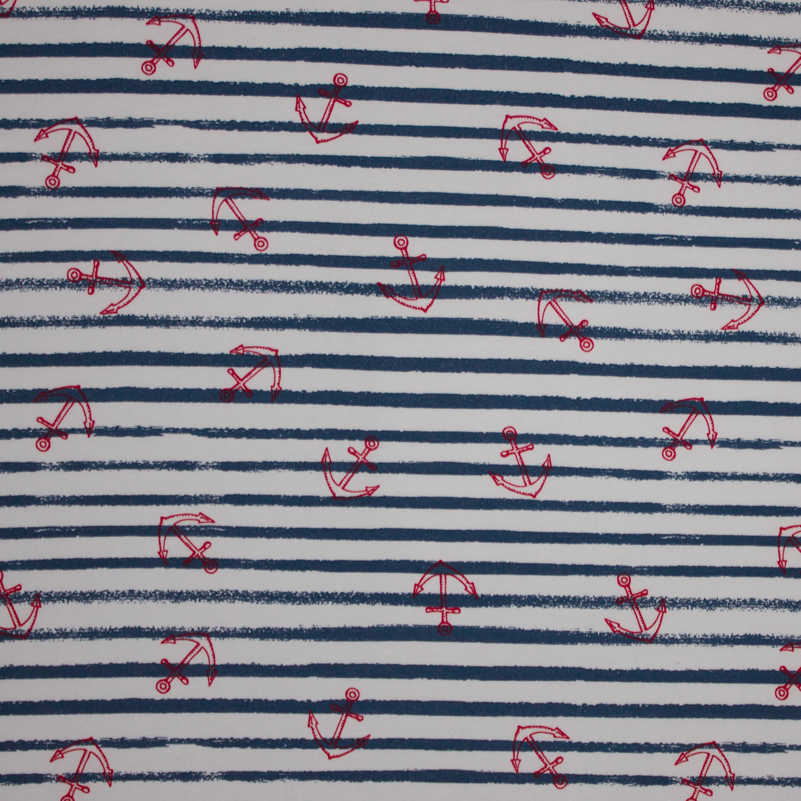 Wit en blauw gestreepte sweaterstof met rode anker