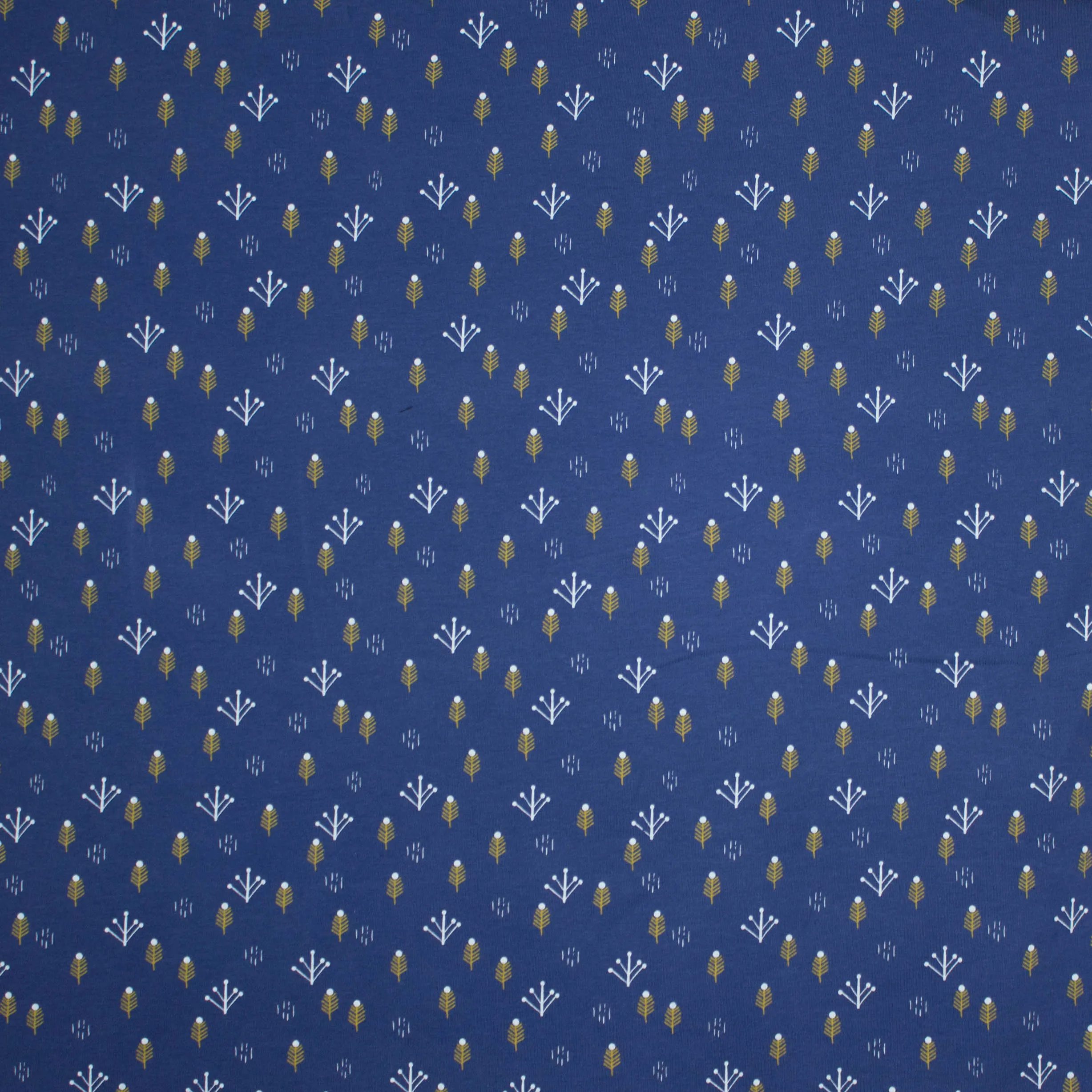 Donkerblauwe sweaterstof met fijn takjesmotief in wit en geel