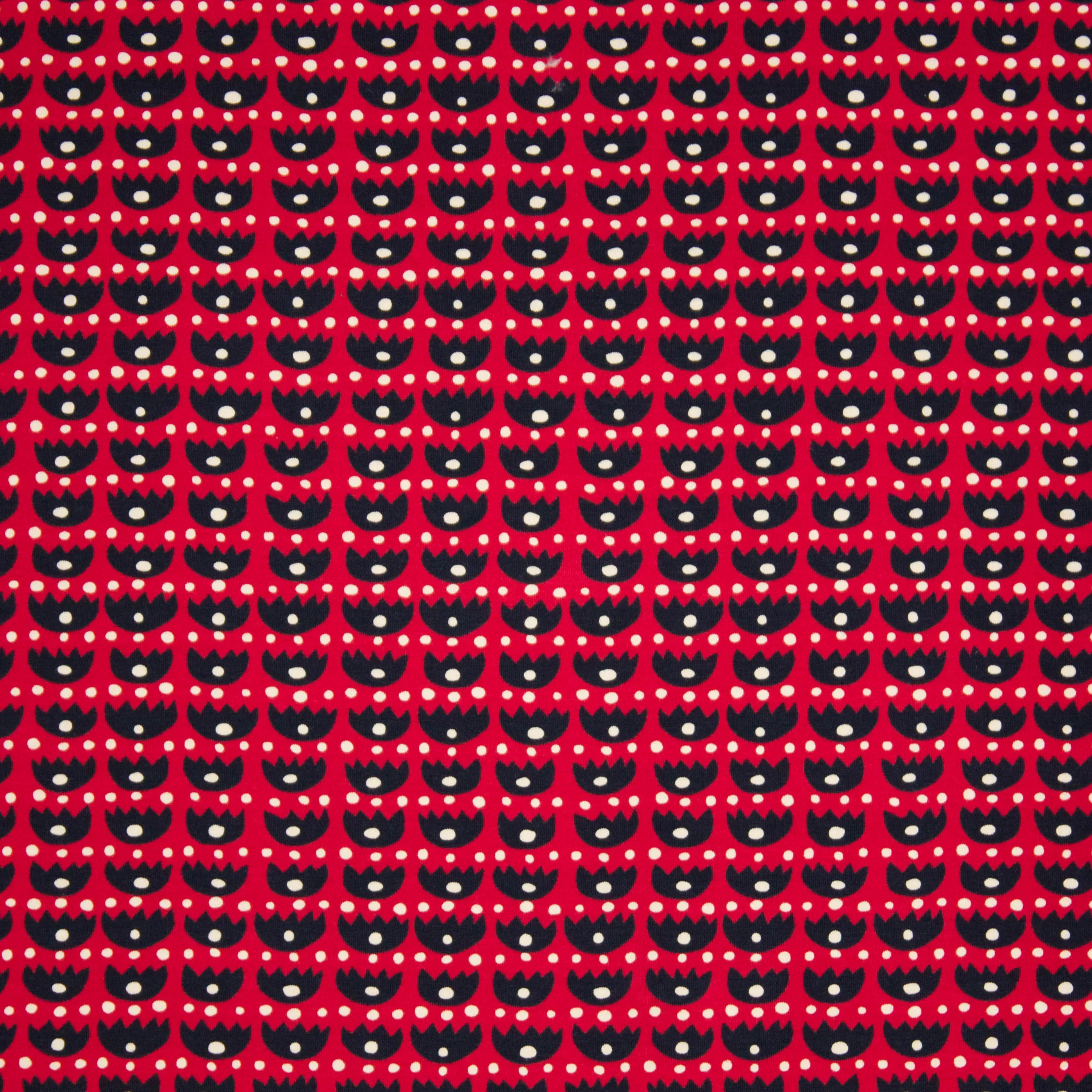 Rode organische tricot met abstracte tulpen motief van 'Lillestoff'