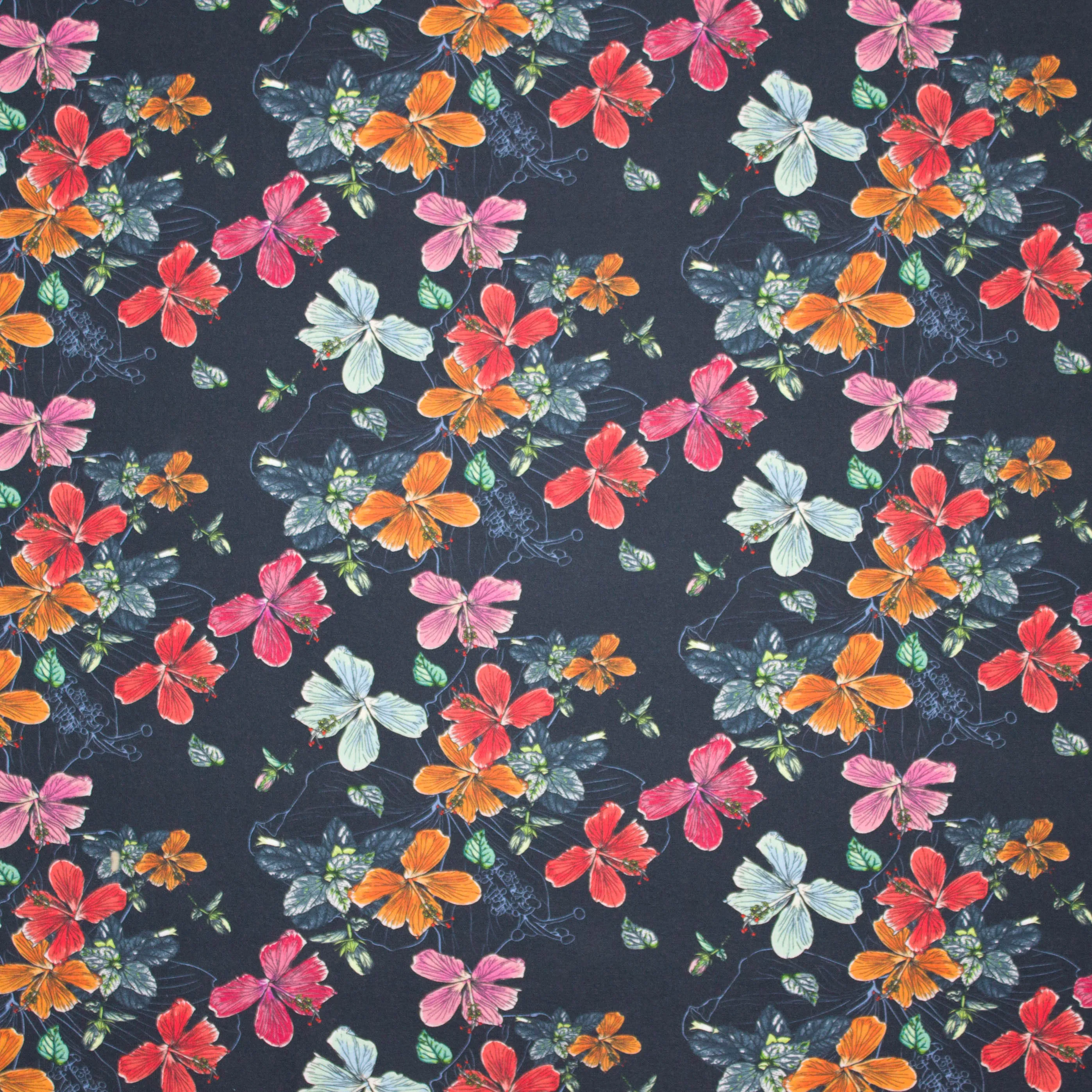 Donkerblauwe tricot met veelkleurige bloemen