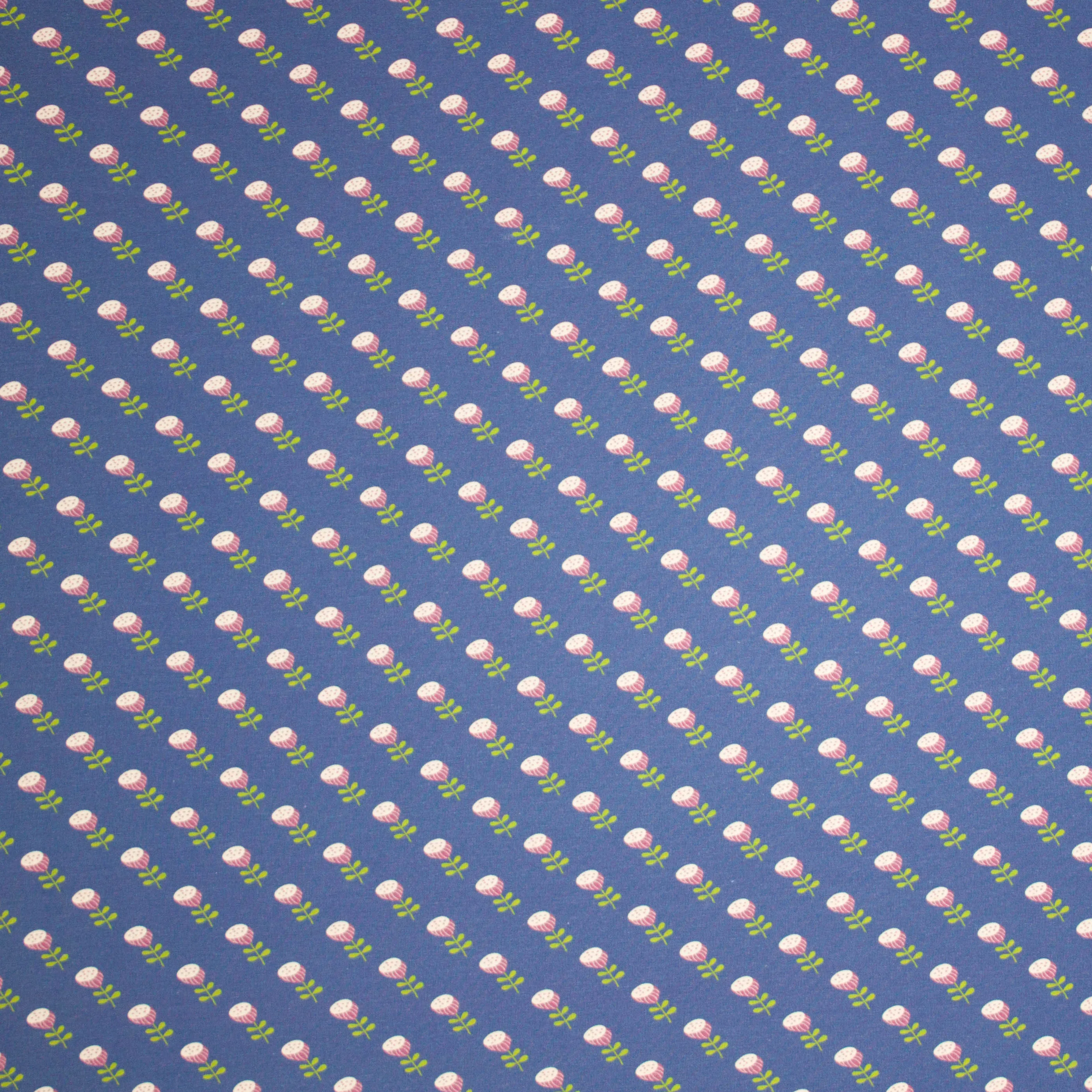 Blauwe french terry met bloemen motief