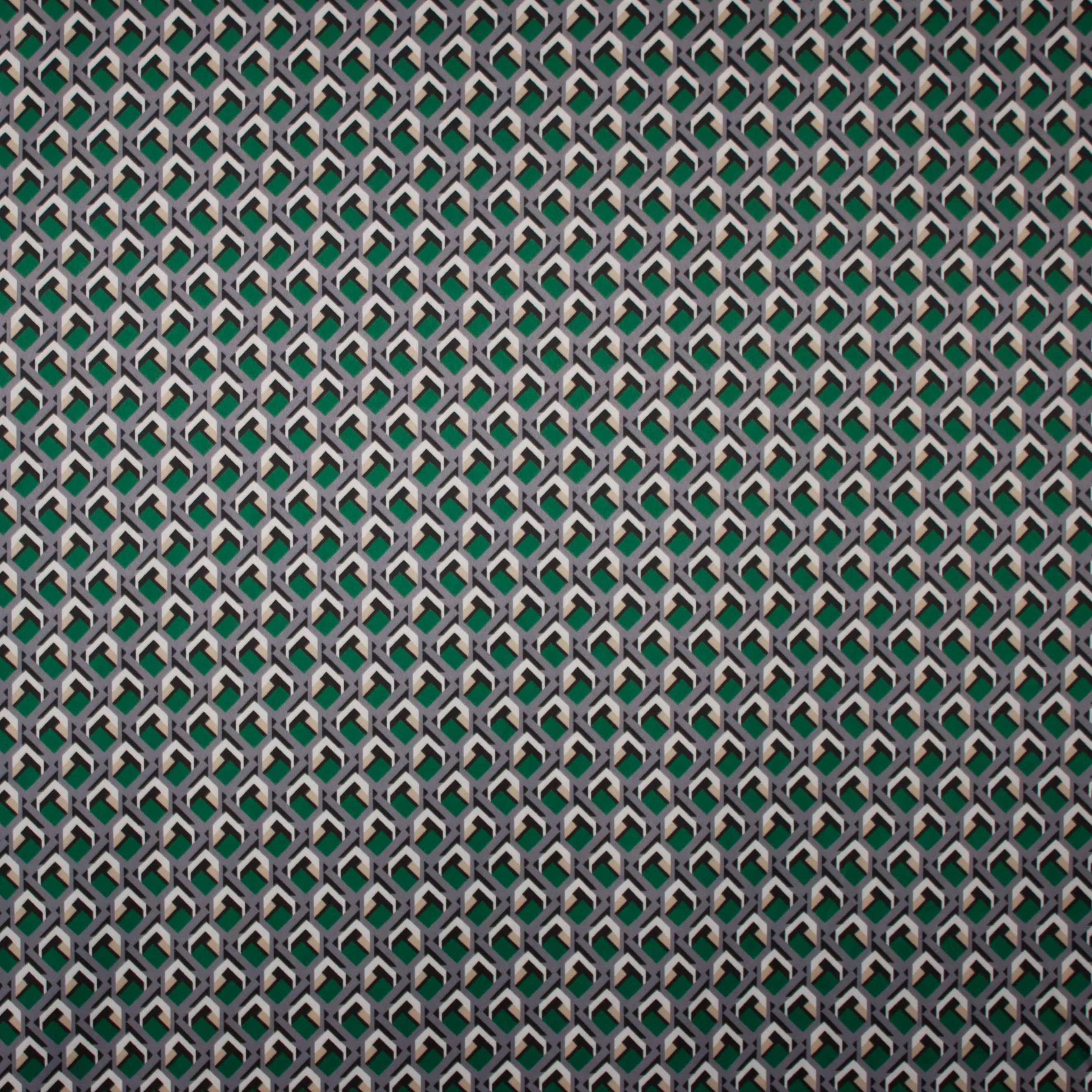 Gesatineerde stretch polyester met geometrisch motief