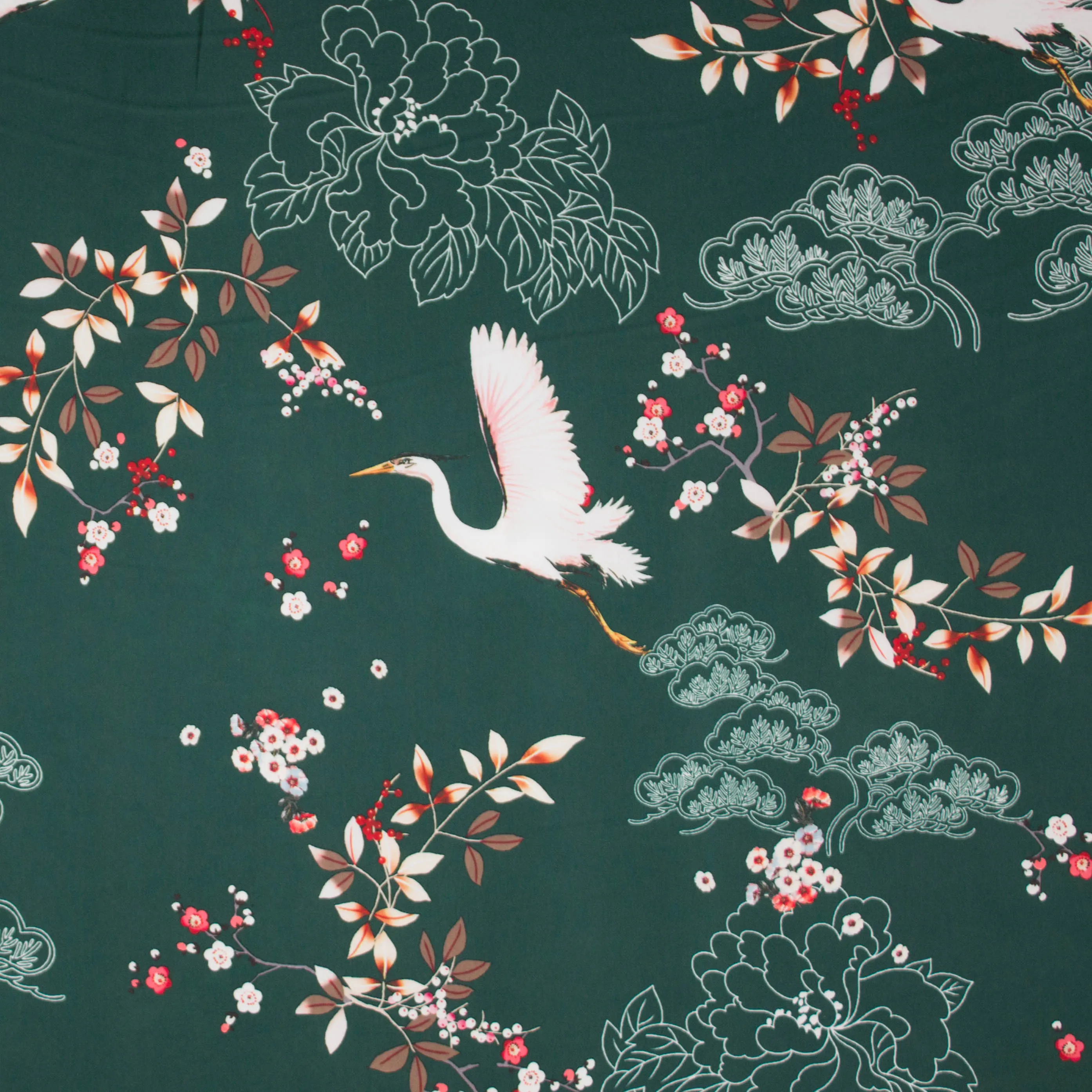 Groene polyester met kraanvogels en bloemen