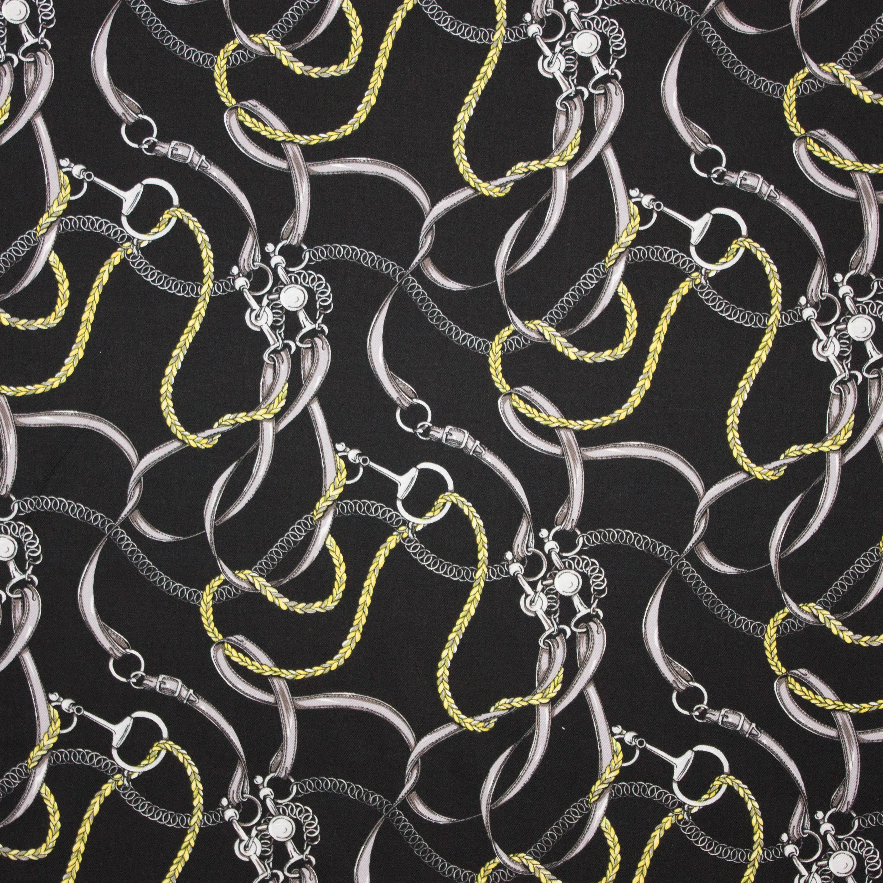 Zwarte viscose twill met kettingen en riemen motief van 'Milliblu's'