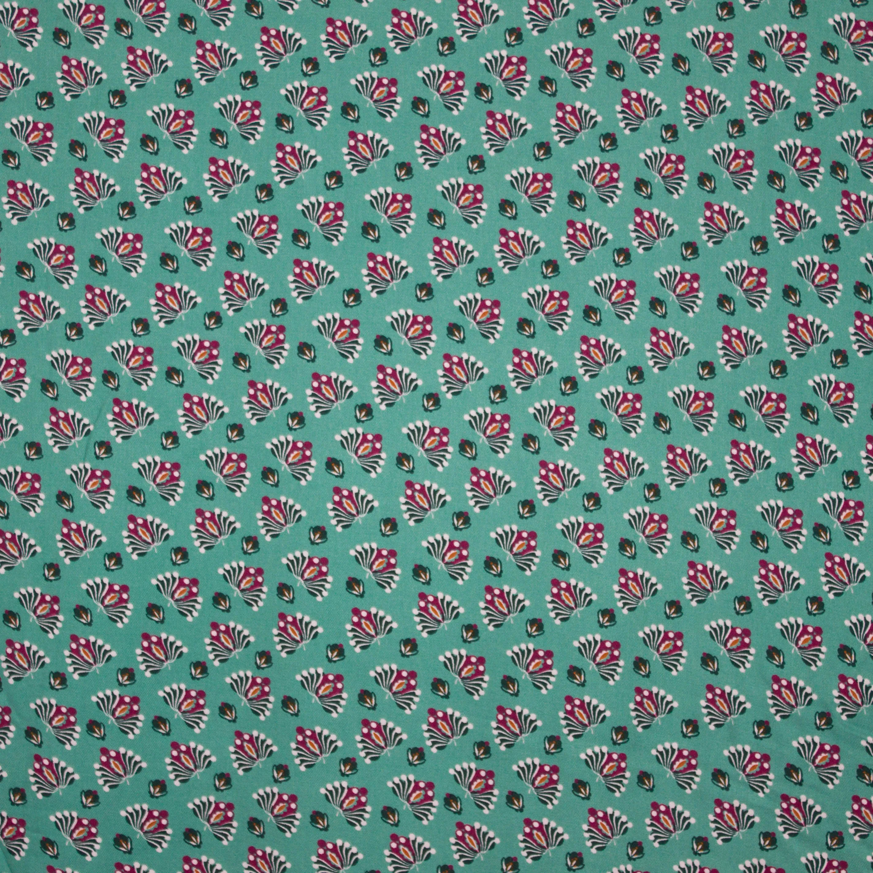 Donkere munt viscose twill met abstract bloemen motief van 'Milliblu's'
