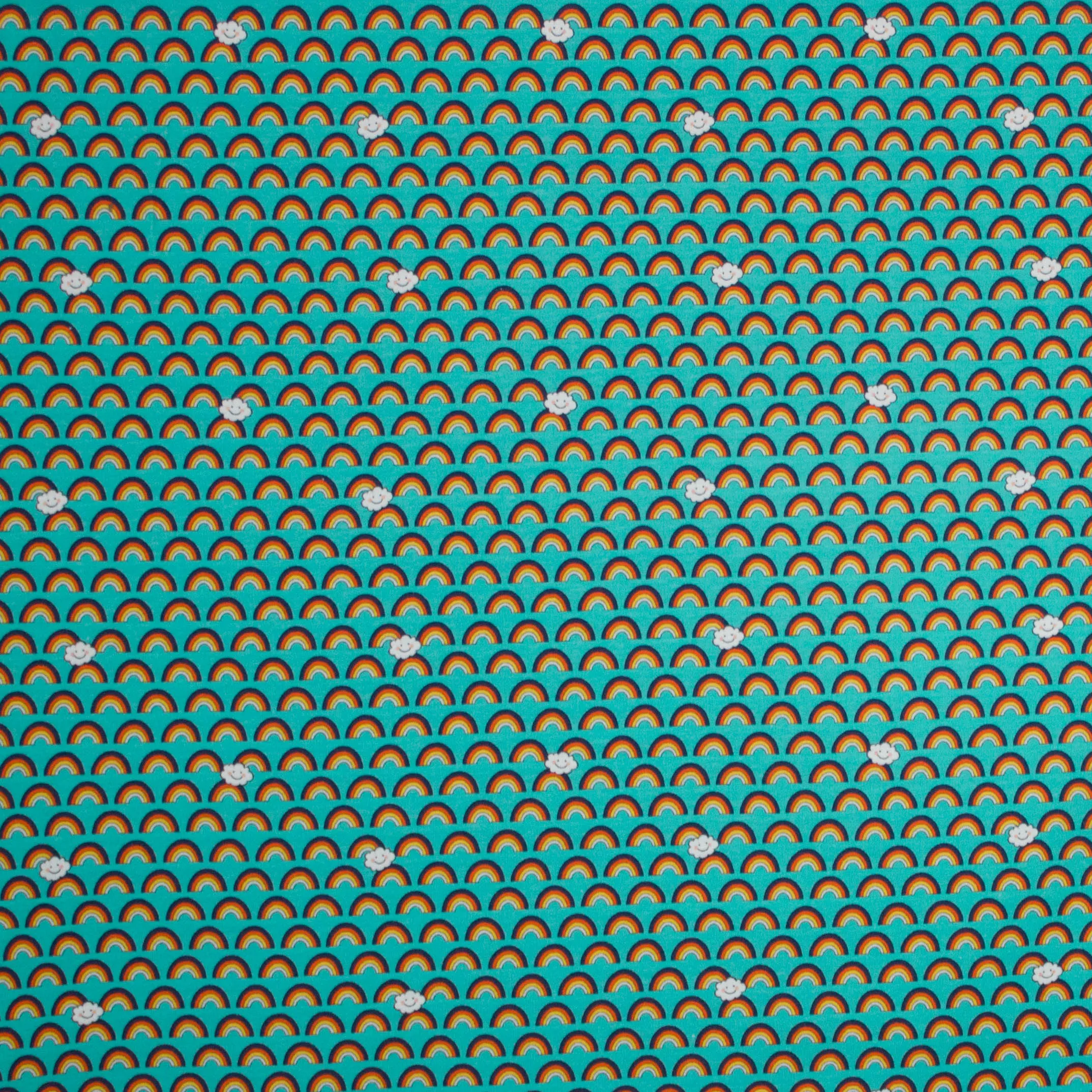 French terry turquoise regenboog motief