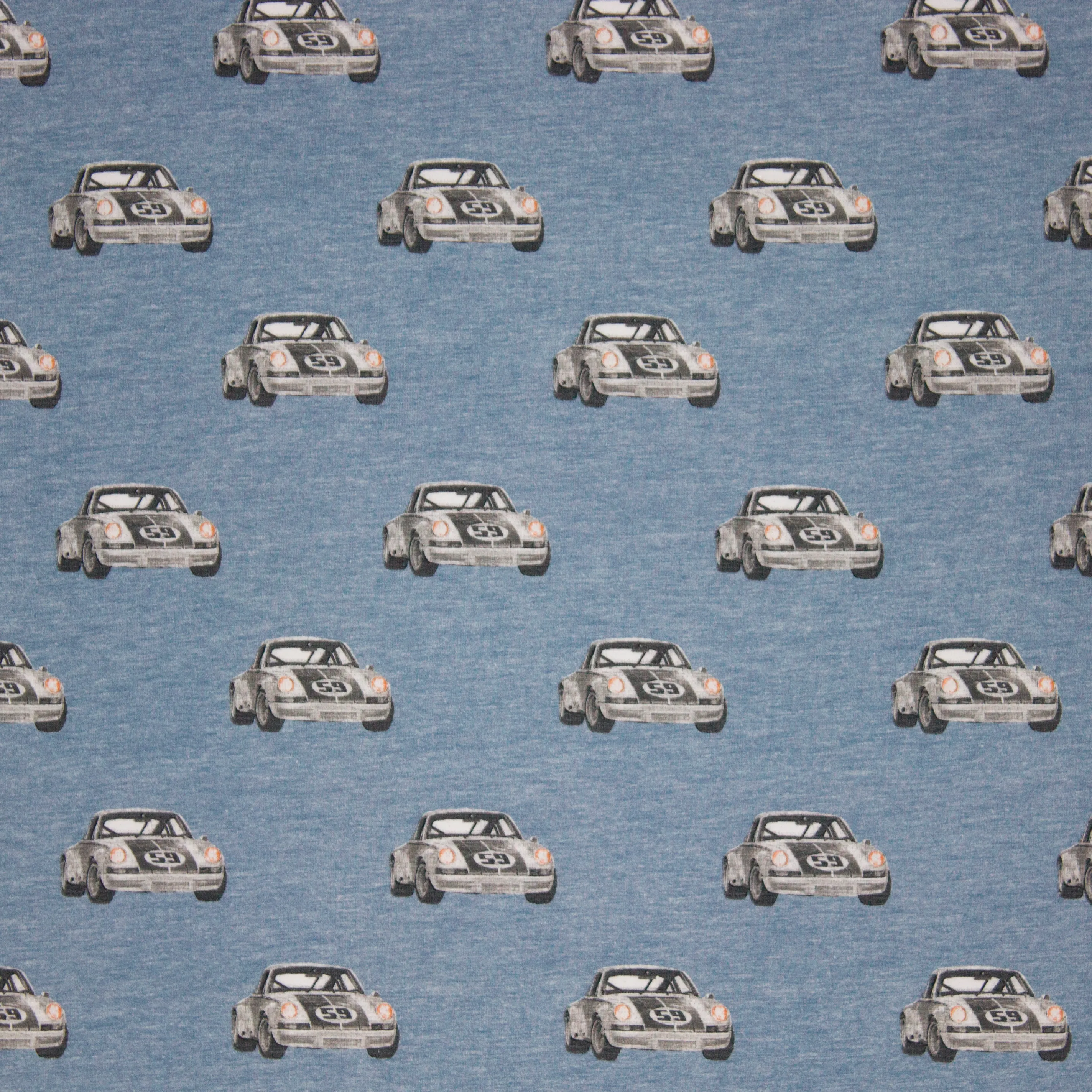 Blauw gemeleerde tricot met auto's 'Road Trip'