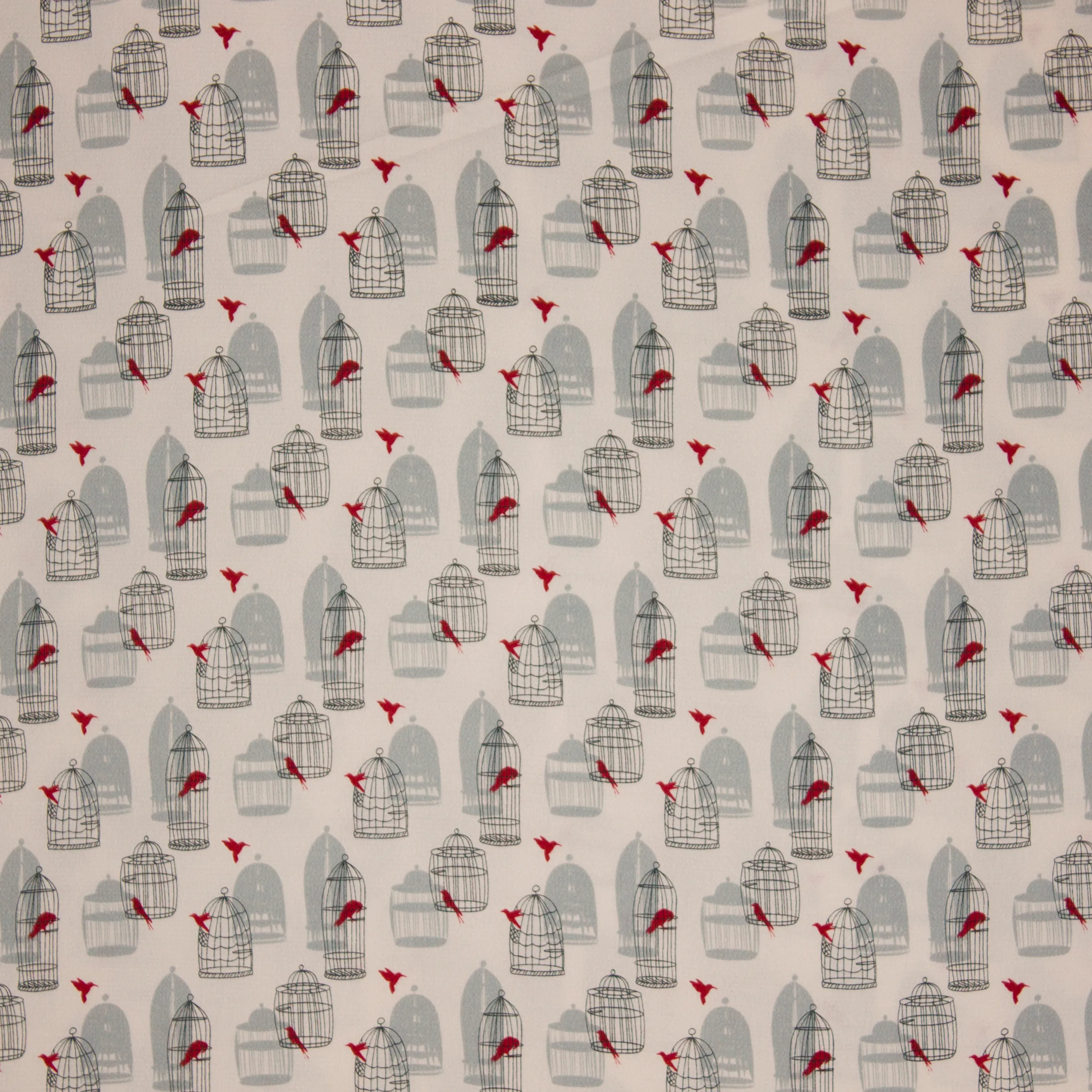 Beige polyester met vogelkooien met rode vogeltjes