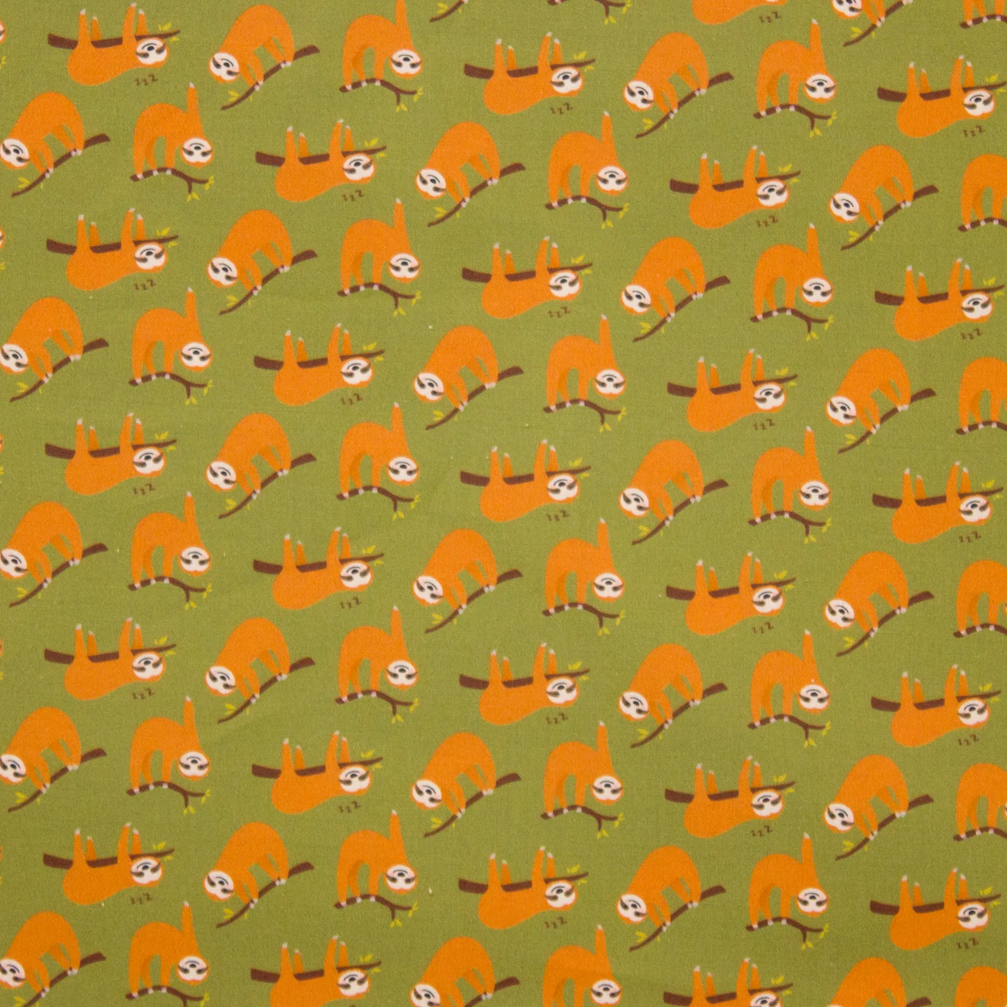 Kaki groene katoen met oranje luiaards