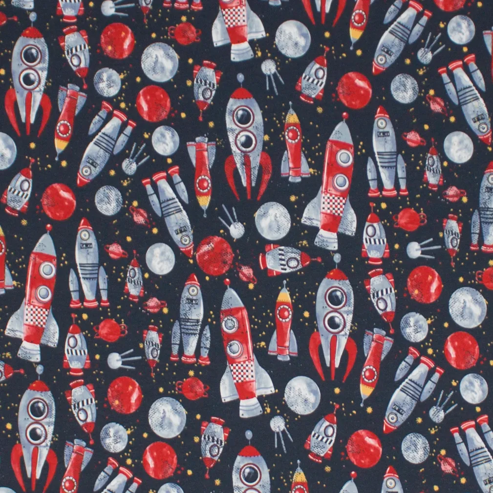 Donker blauwe french terry met ruimteraketten, space, planeten ROOD van Poppy