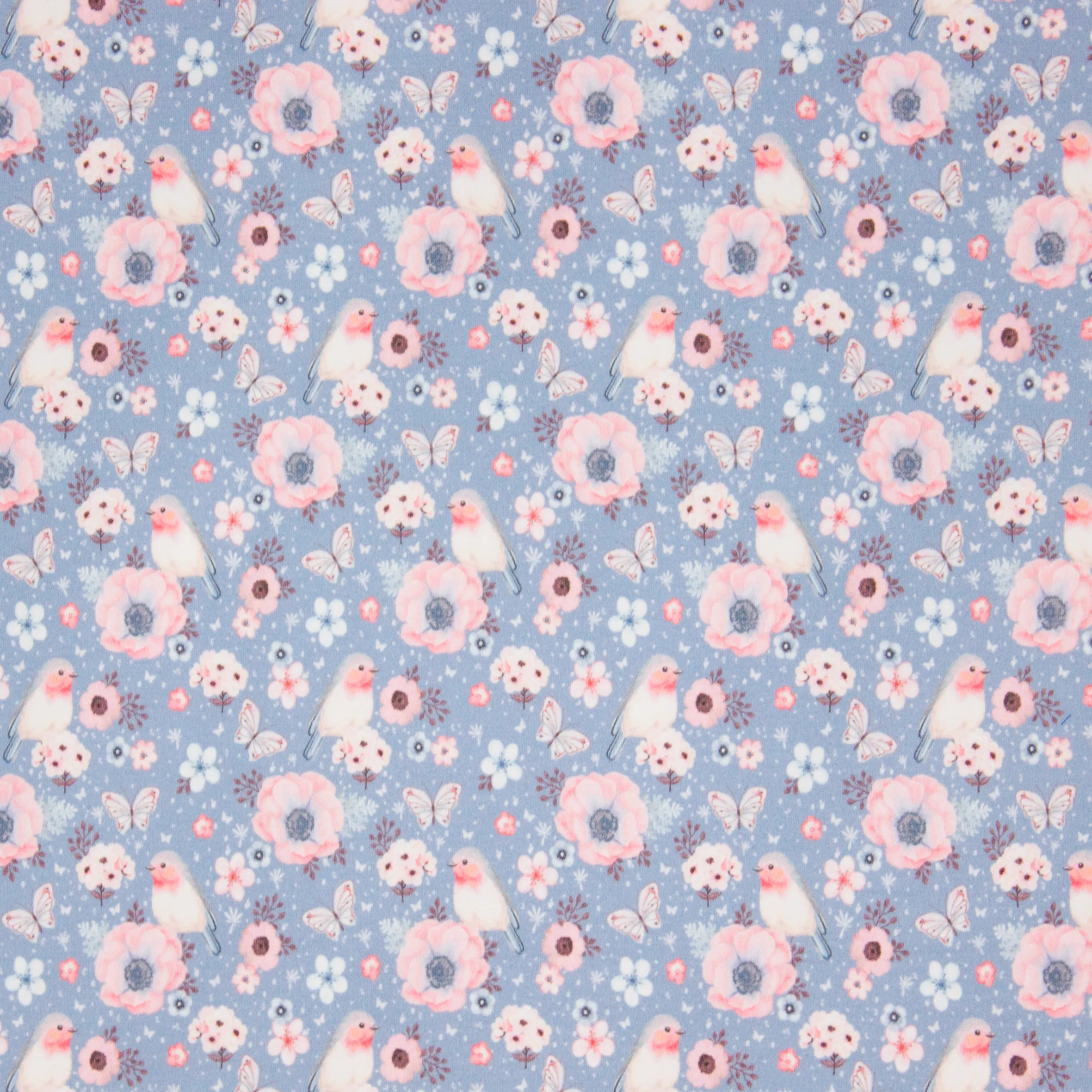 Blauwe french terry met bloemen en vogels