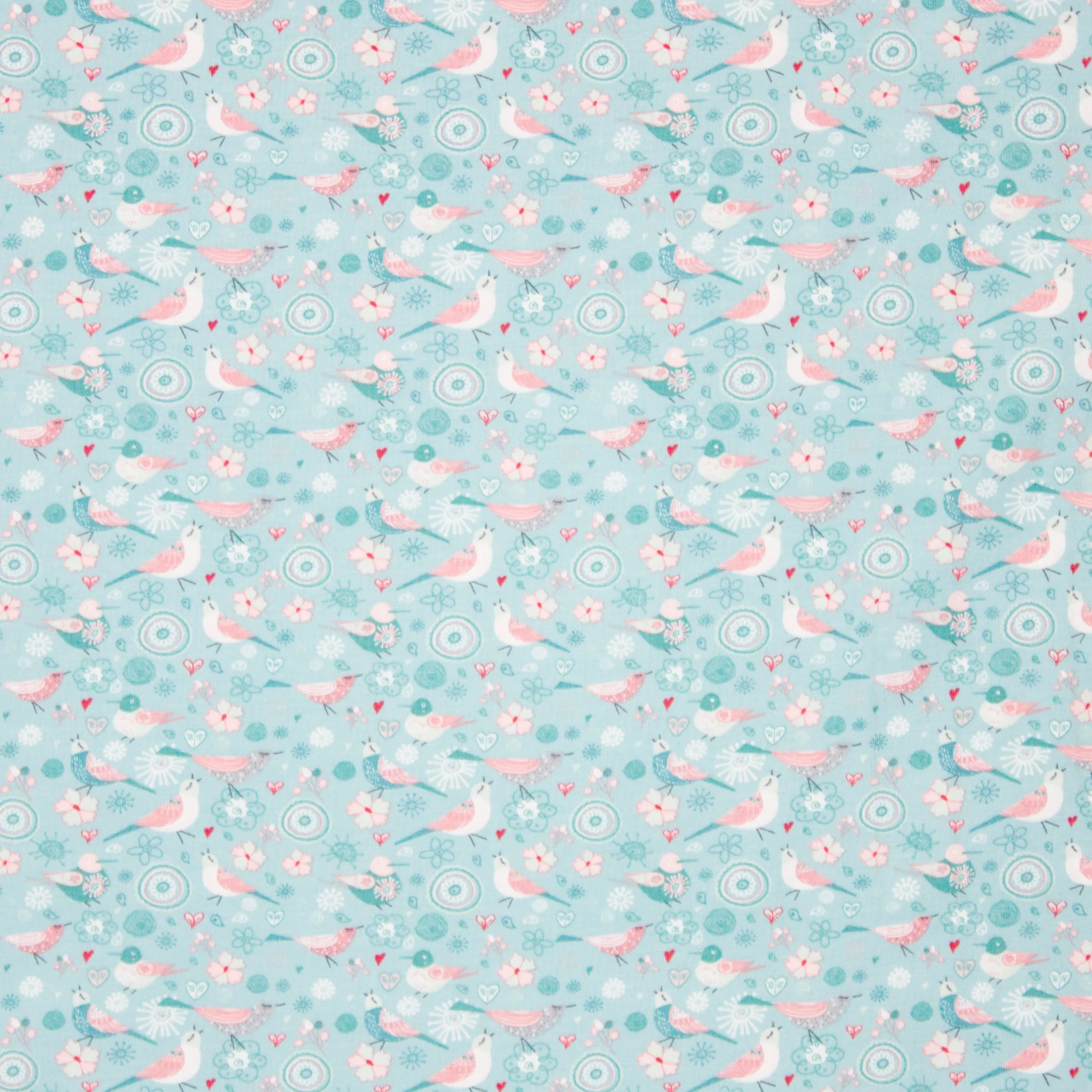 Blauwe tricot met vogeltjes en bloemen