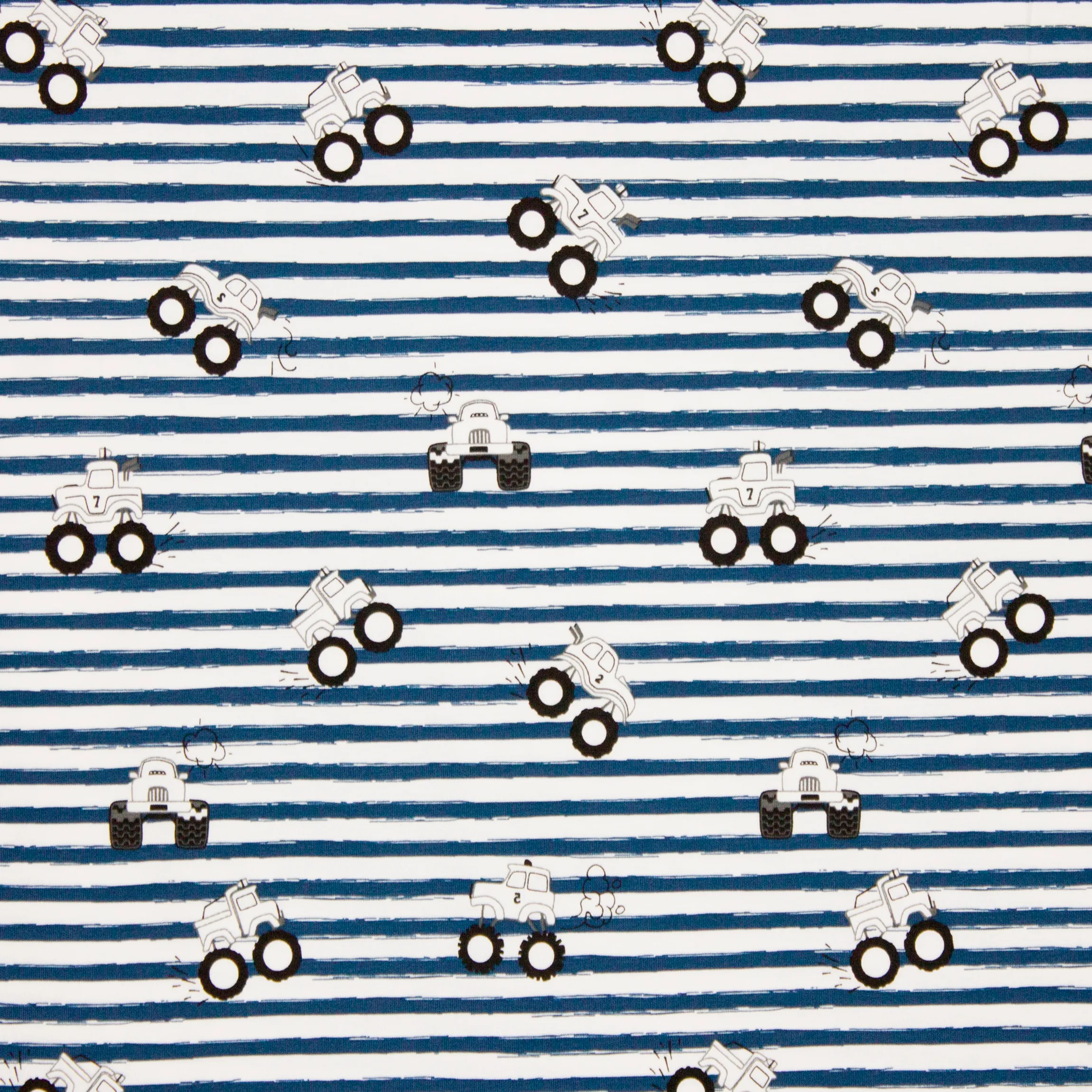 Witte tricot met blauwe strepen en monstertrucks
