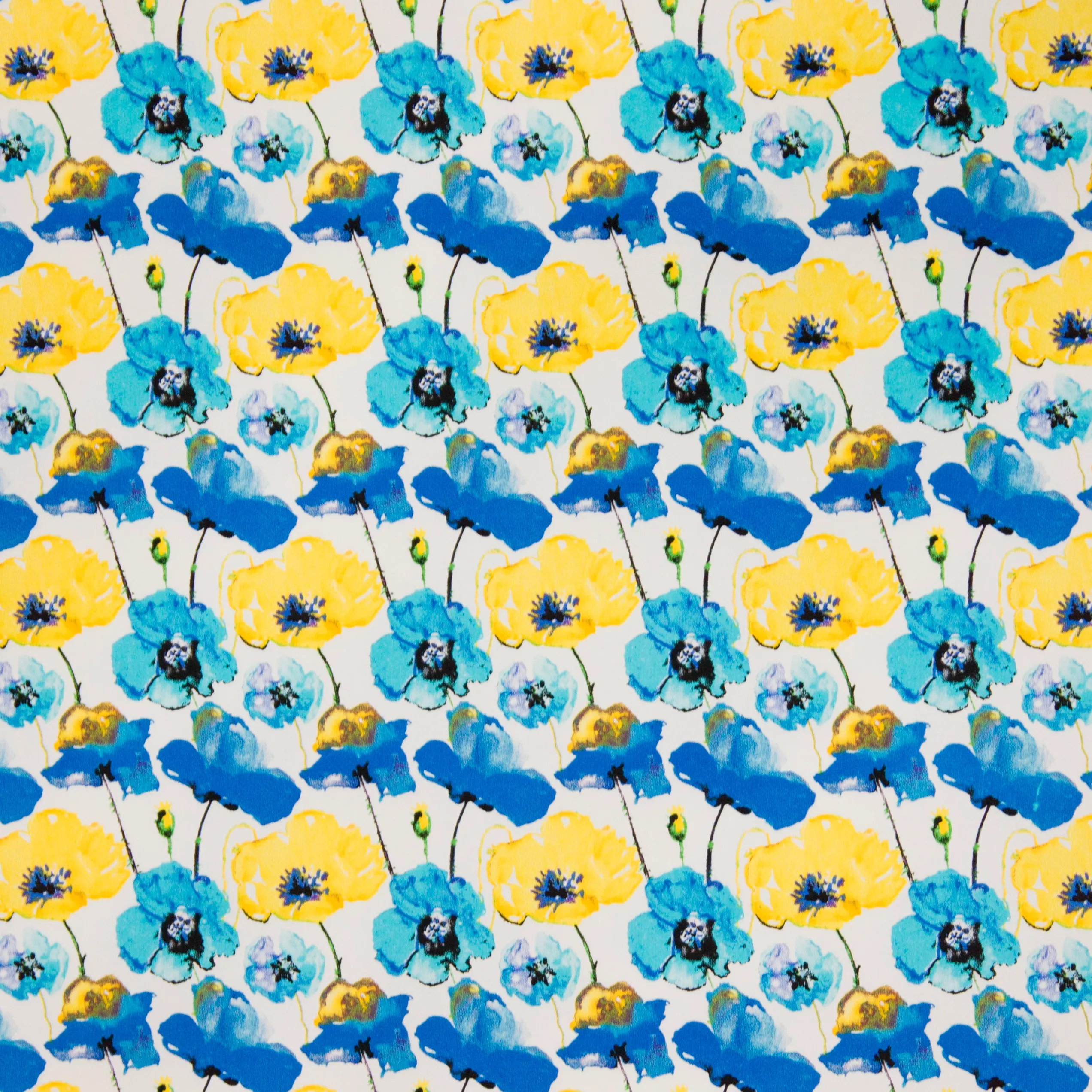 Witte katoen tricot met blauwe en gele bloemen