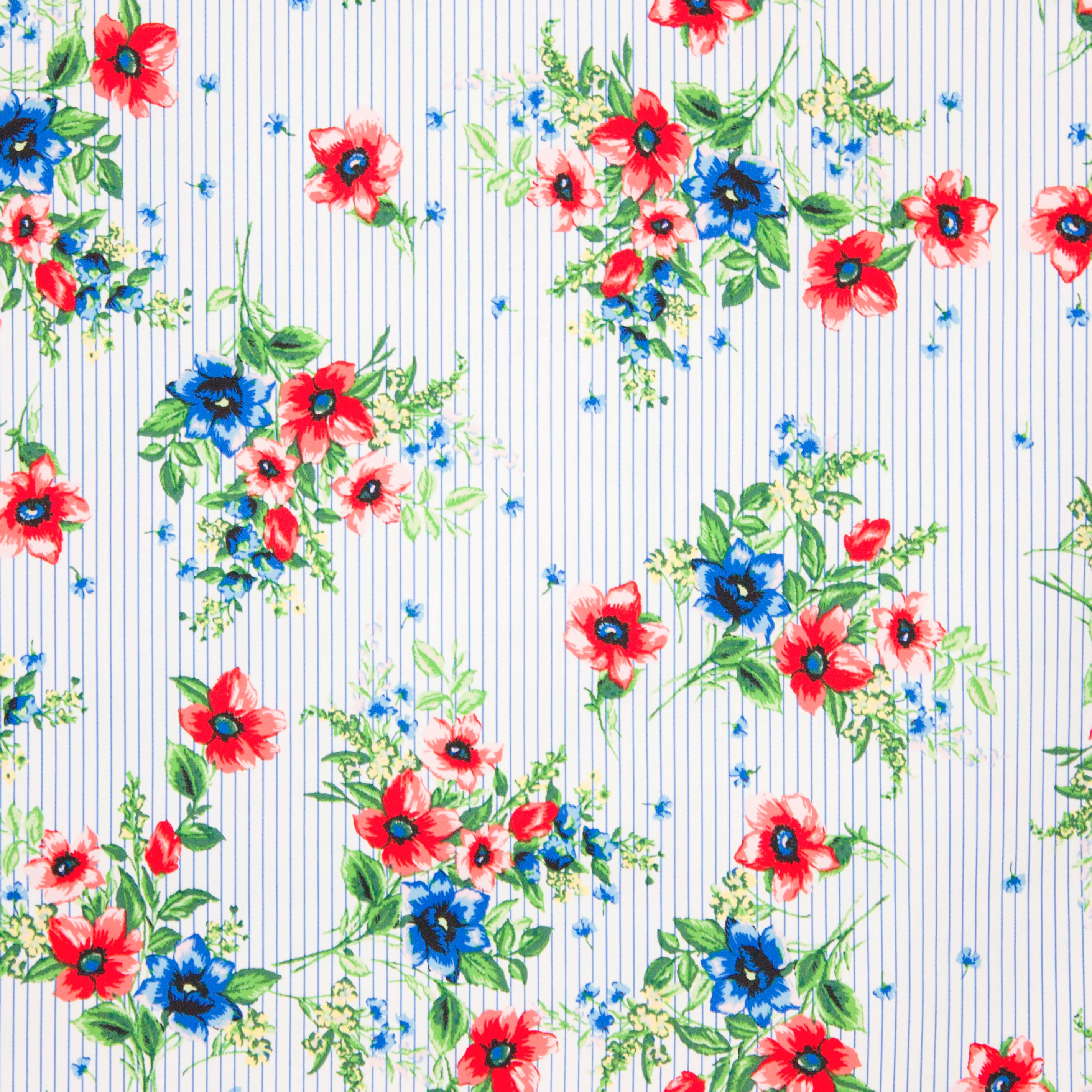 Witte katoen stretch met blauwe strepen en bloemen