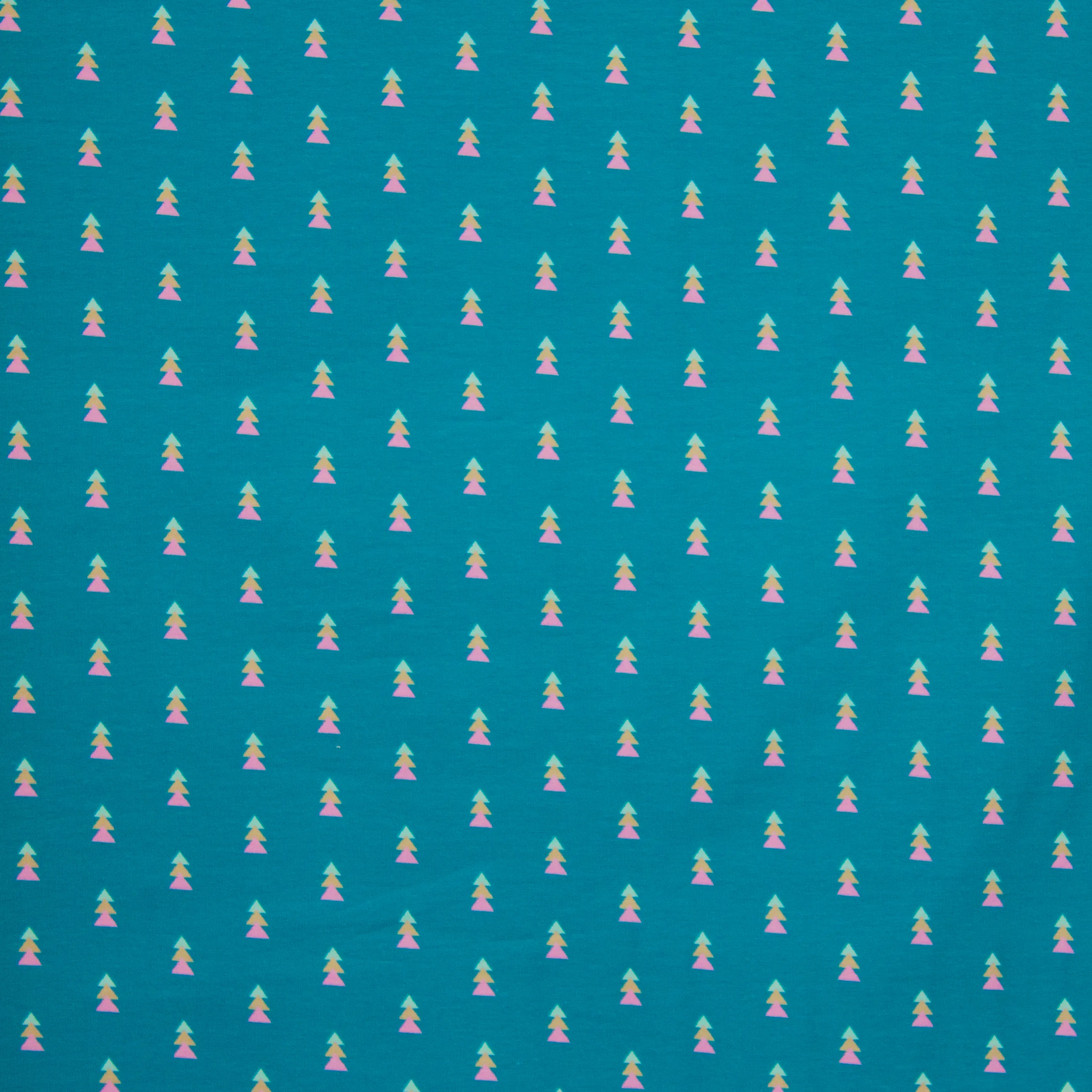 Turquoise french terry met gestapelde driehoekjes