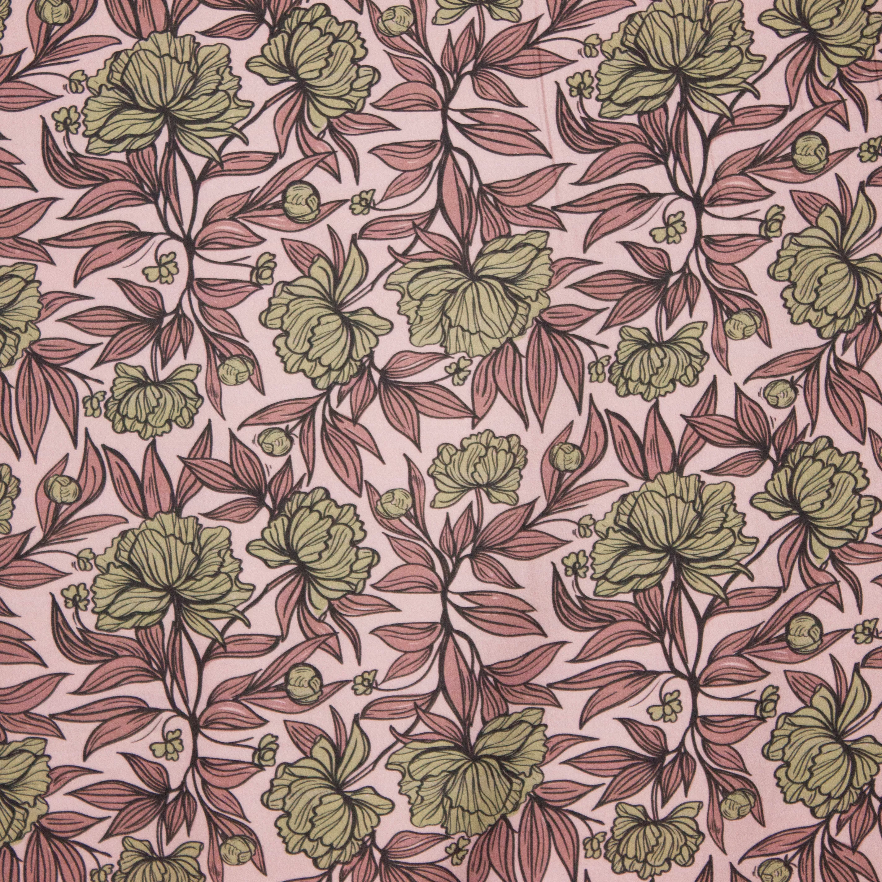 Roze viscose met groene bloemen