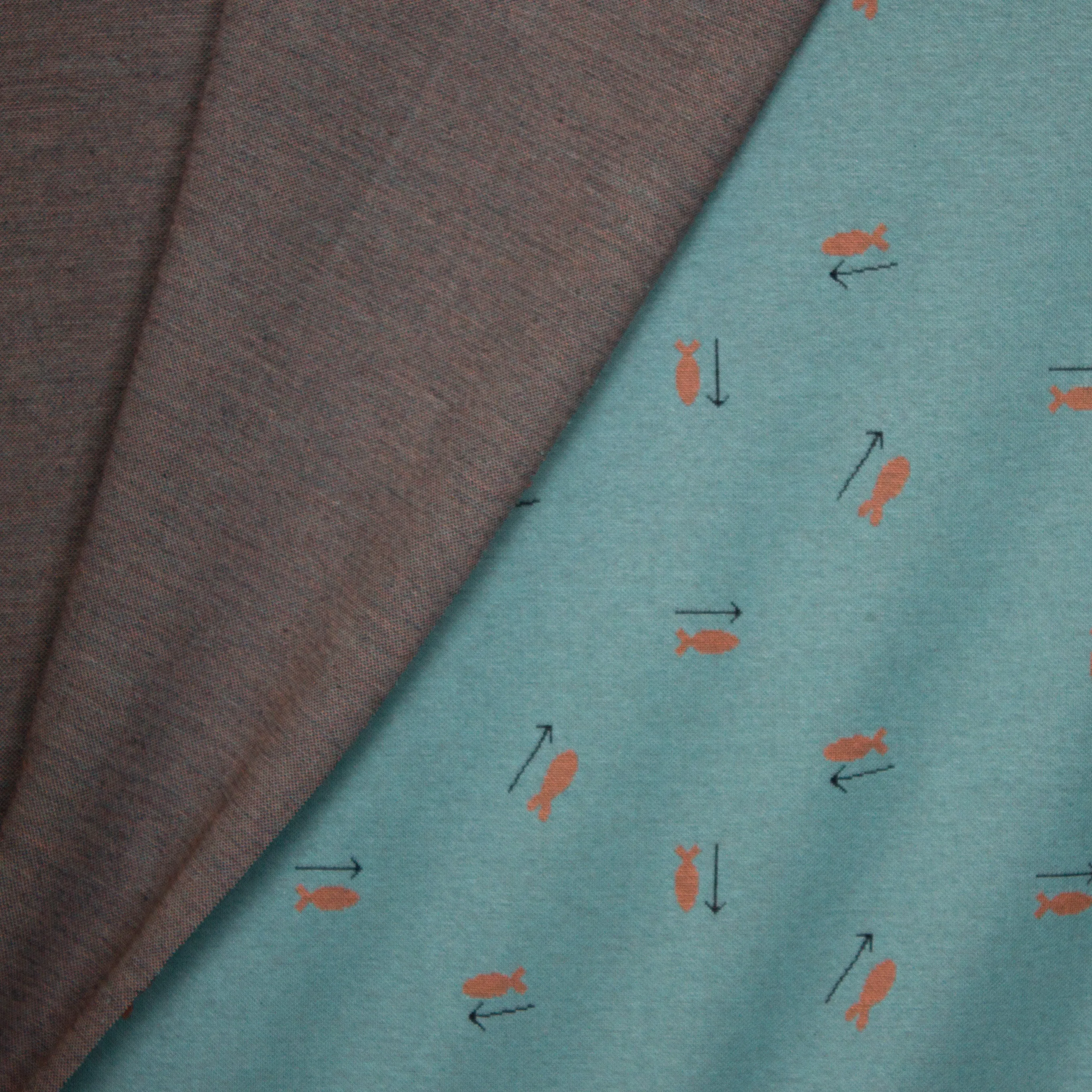 Turquoise jacquard jersey met oranje vissen