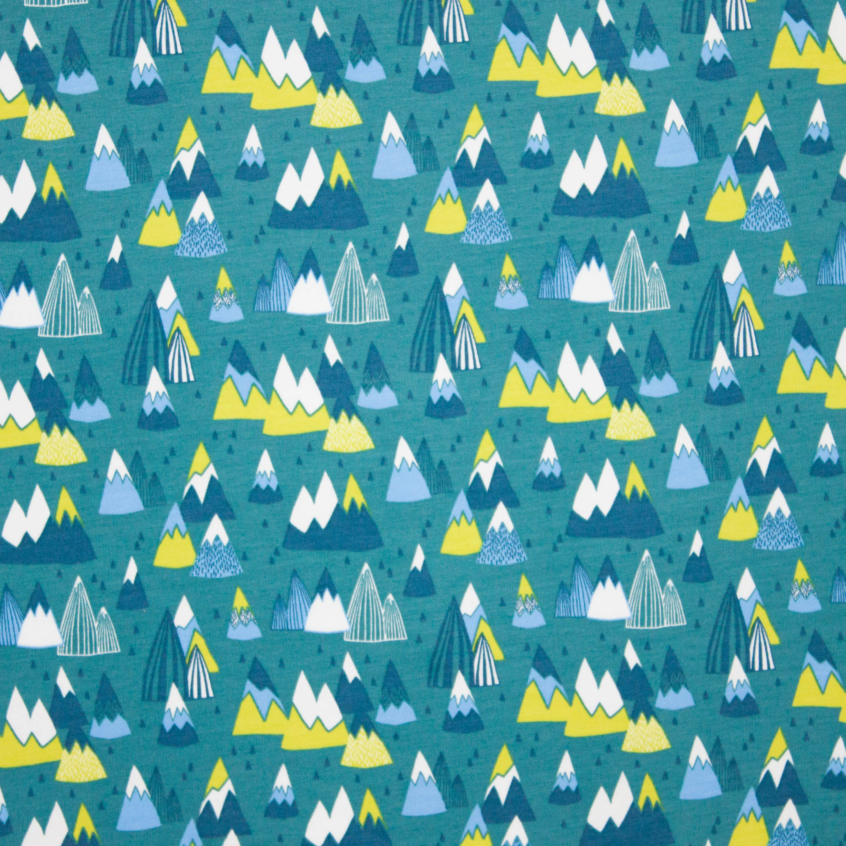 Petrolkleurige french terry met motief van bergen ( limoen, turquoise, wit en blauw)