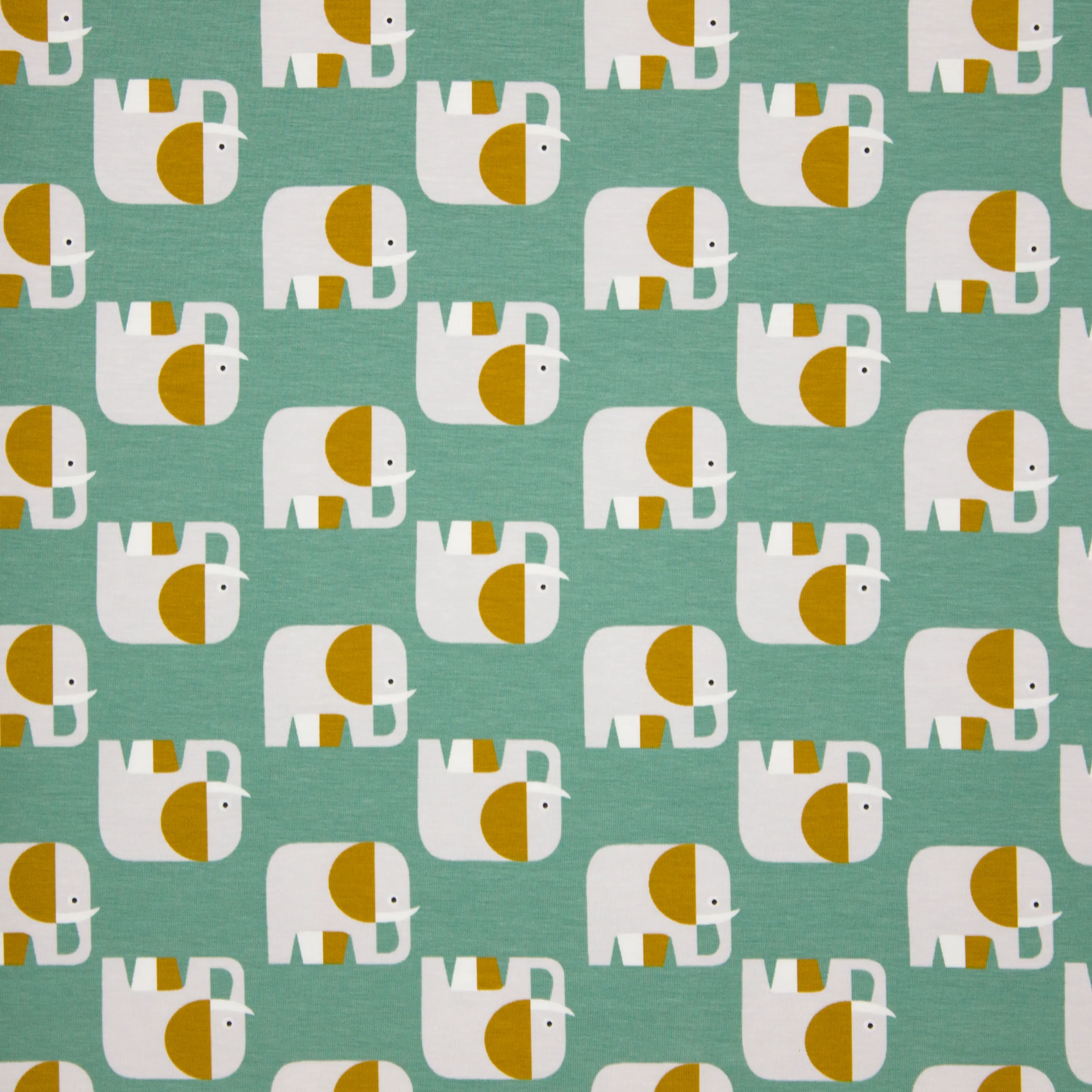 Muntgroene tricot met grijs-oker olifantjes