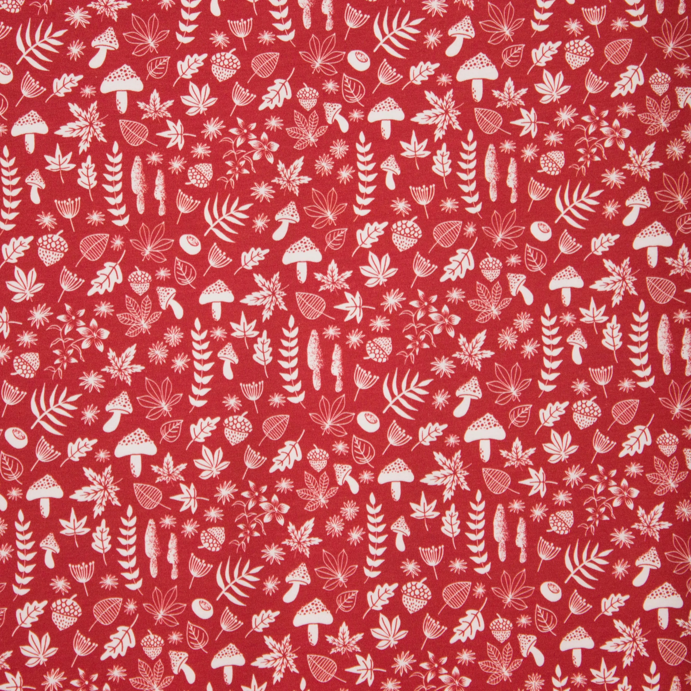Rode tricot met bladeren en paddenstoelen