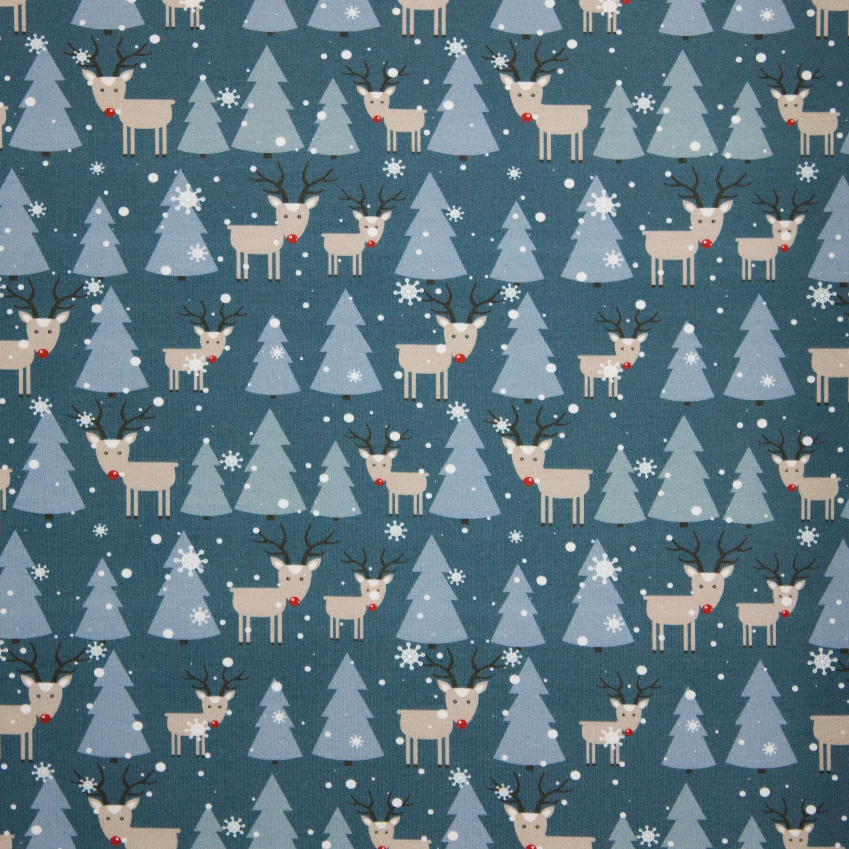 Blauwe french terry met kerstbomen en rendieren