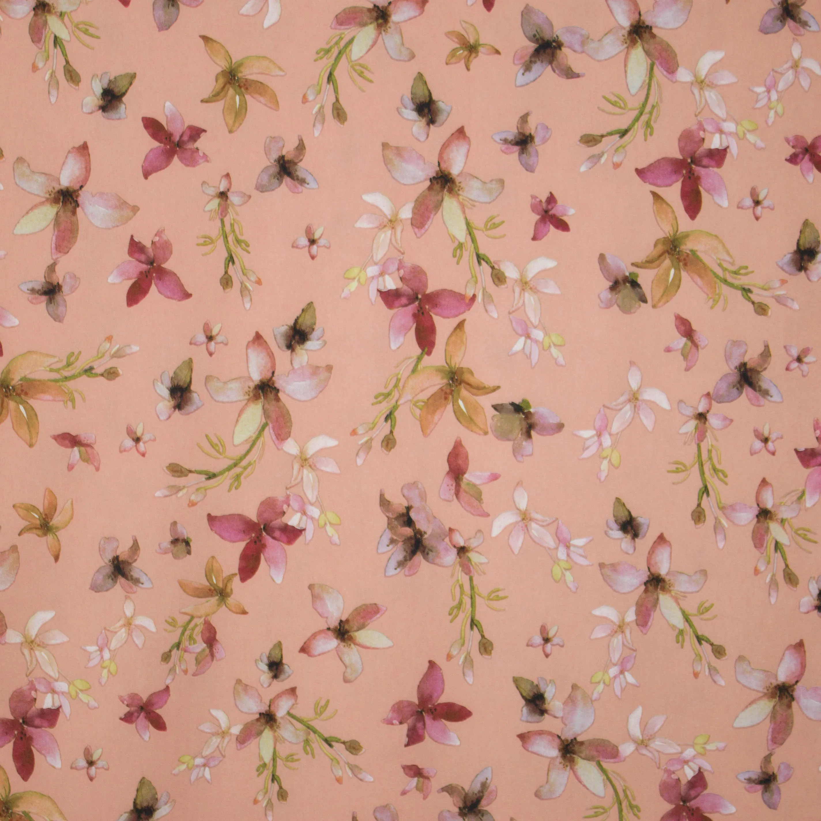 Zalmkleurige rekbare polyester met bloemen motief  uit 'Stitched By You' en 'My Image'