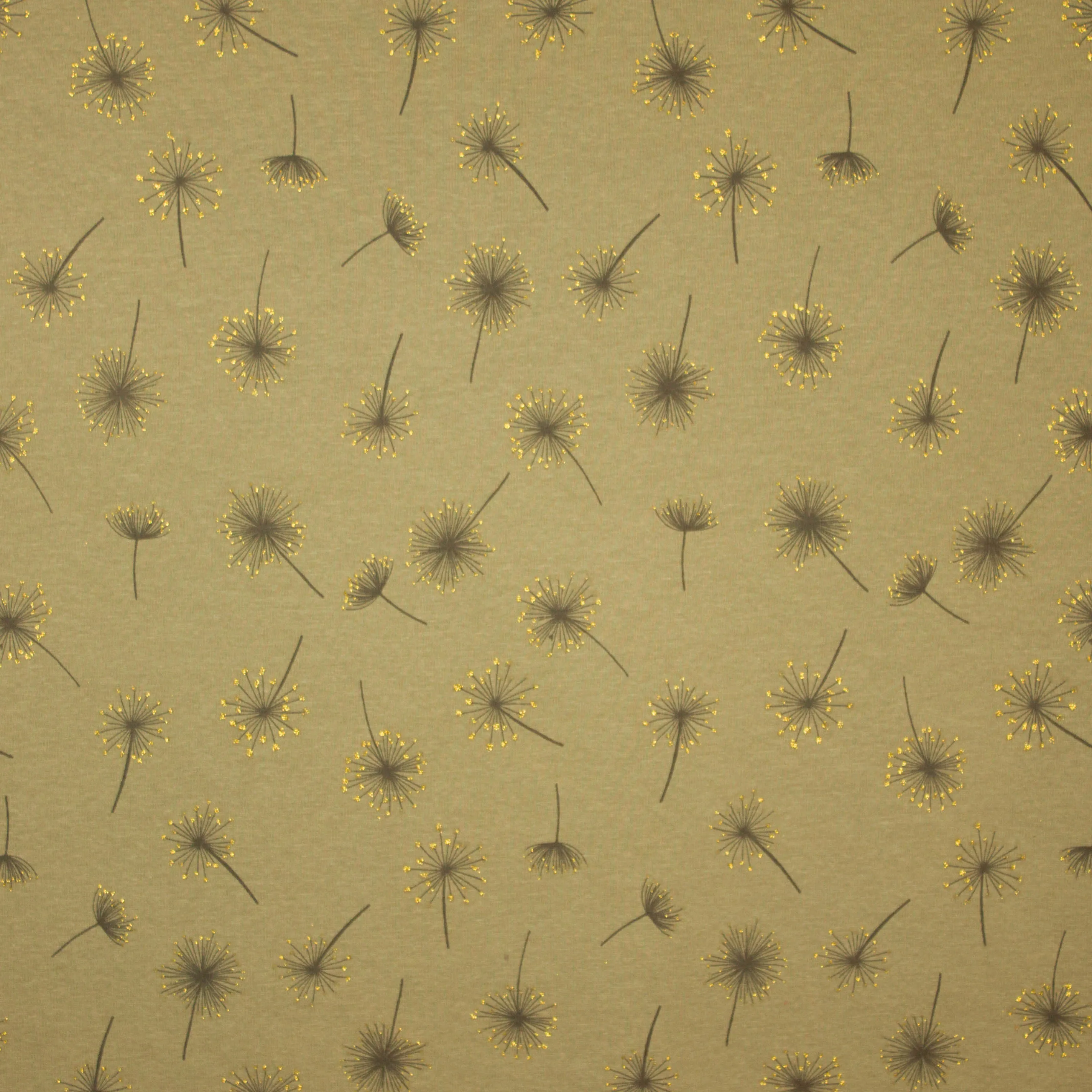 Kaki sweaterstof met pluisbloemen motief met gouden glitter
