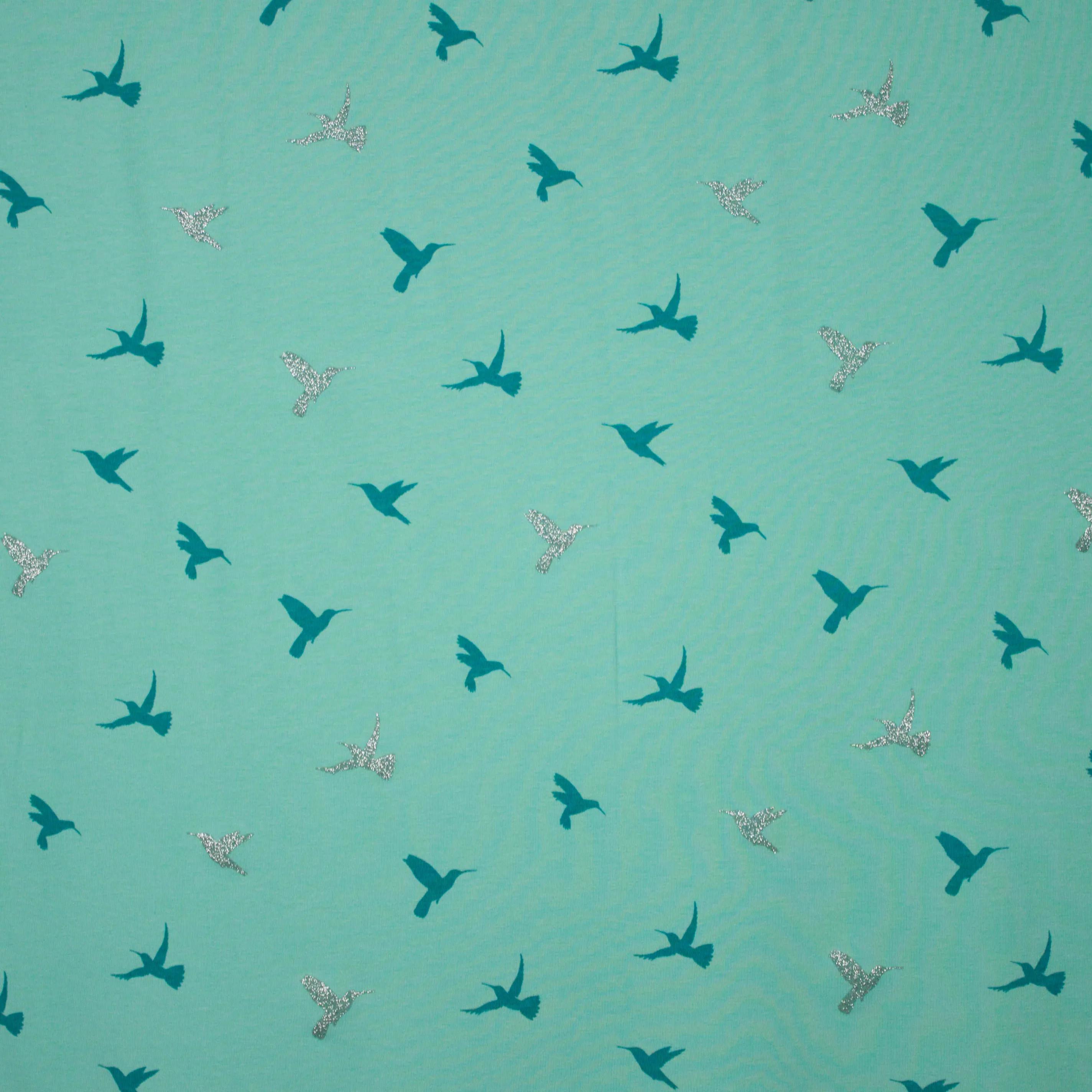 Munt tricot met colibri's in zilveren glitter en petrol